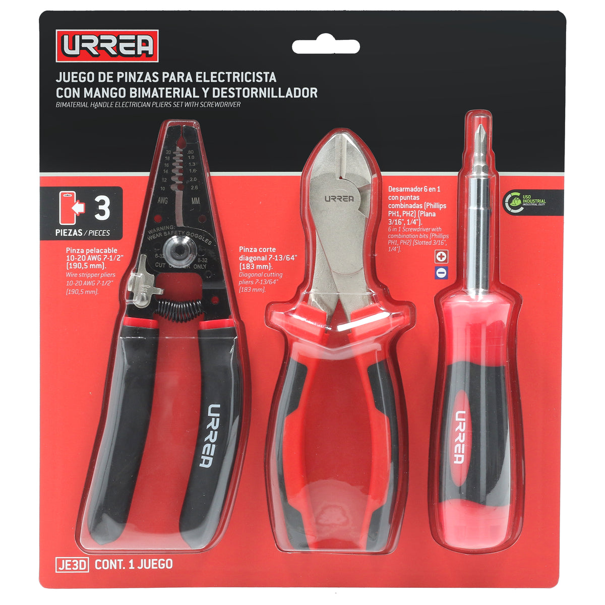 Juego de pinzas para electricista con mango bimaterial con destornillador, 3 piezas Urrea