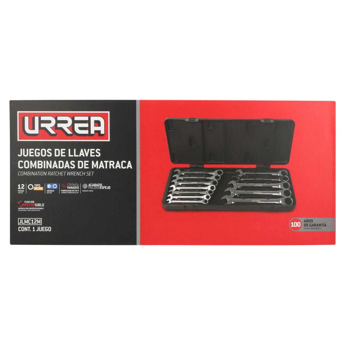 Juego de llaves combinadas pulido espejo de matraca spline mét,12 pts,12 pz en caja plást Urrea