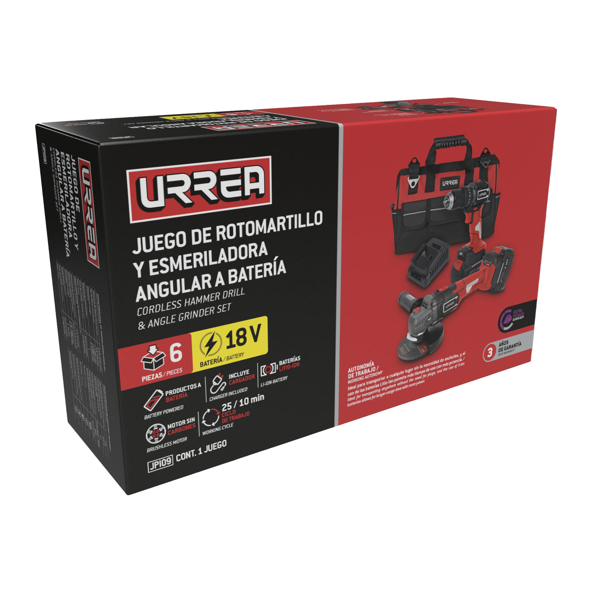 Juego de rotomartillo y esmeriladora bat Li-ion 18 V Urrea