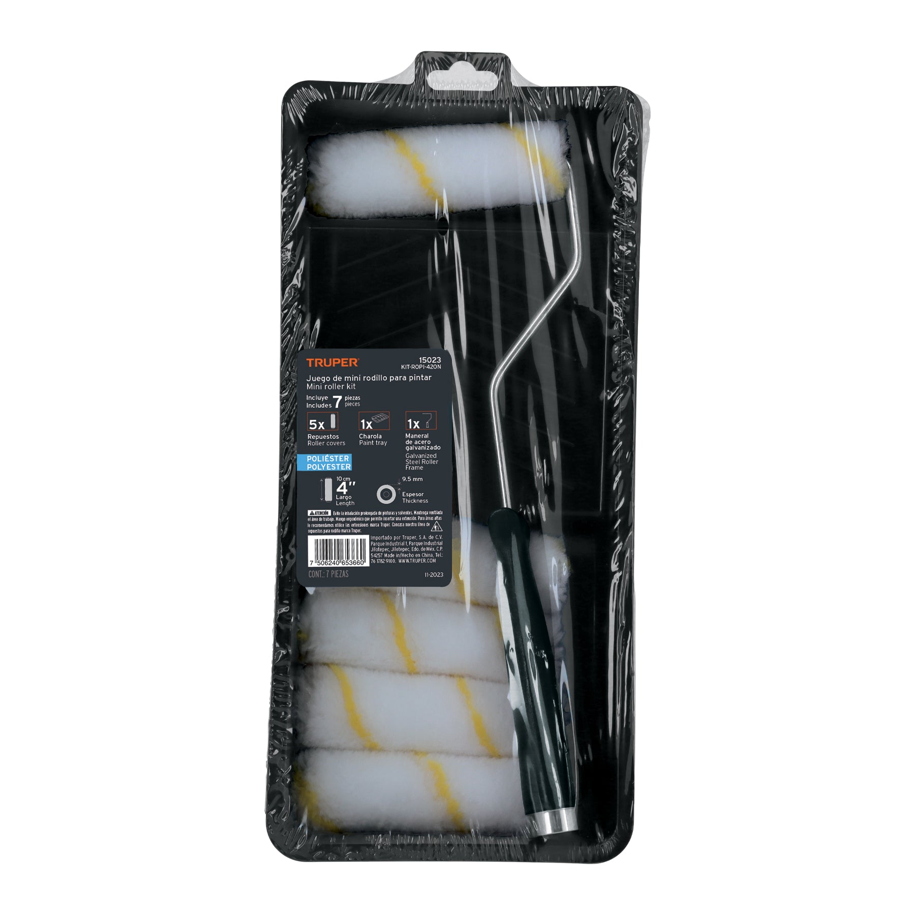 Truper KIT-ROPI-420N, Kit de rodillo para pintar 4″ (maneral, charola y 5 felpas)