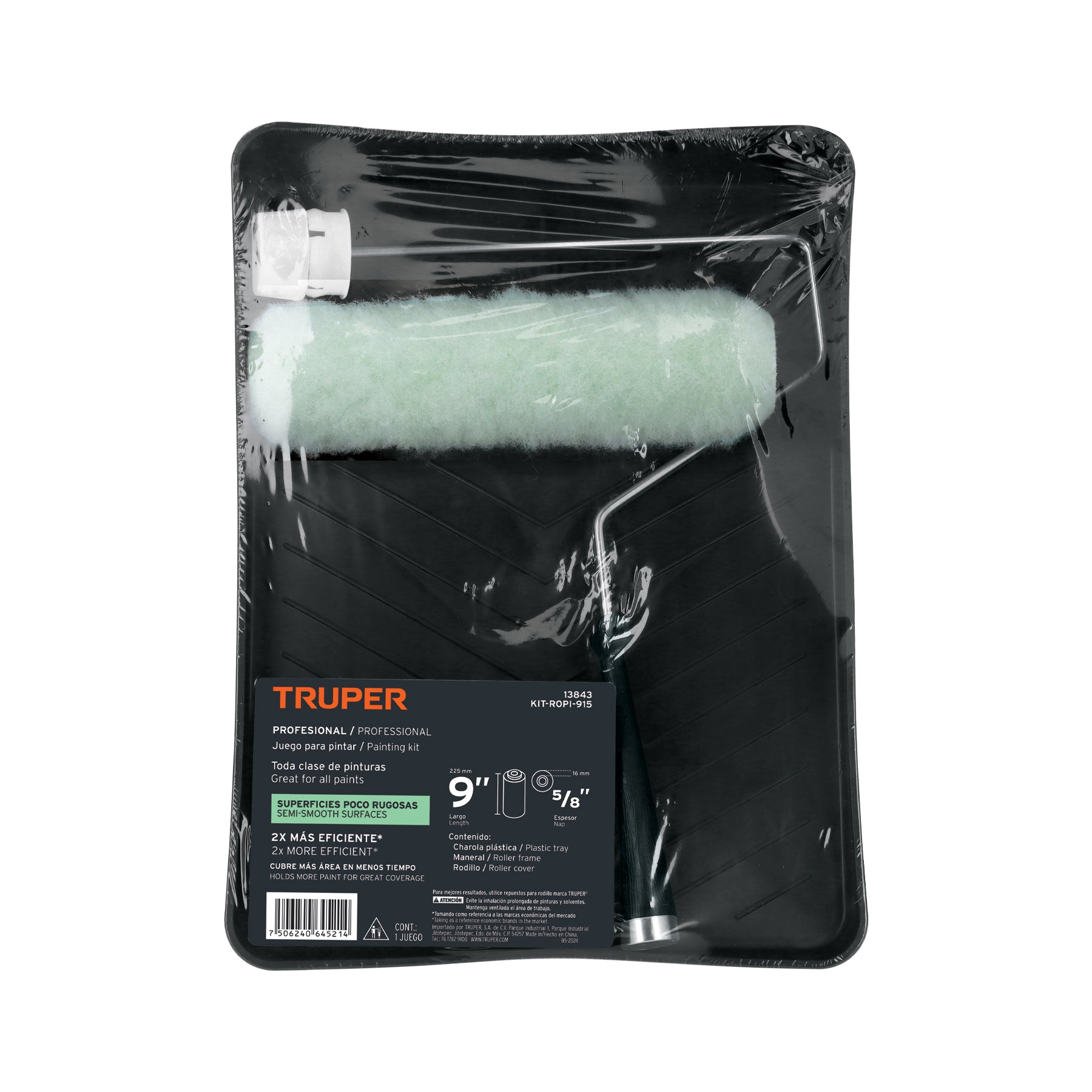 Truper KIT-ROPI-915, Kit de Rodillo para Pintar, 9″ (maneral, charola y Felpa)
