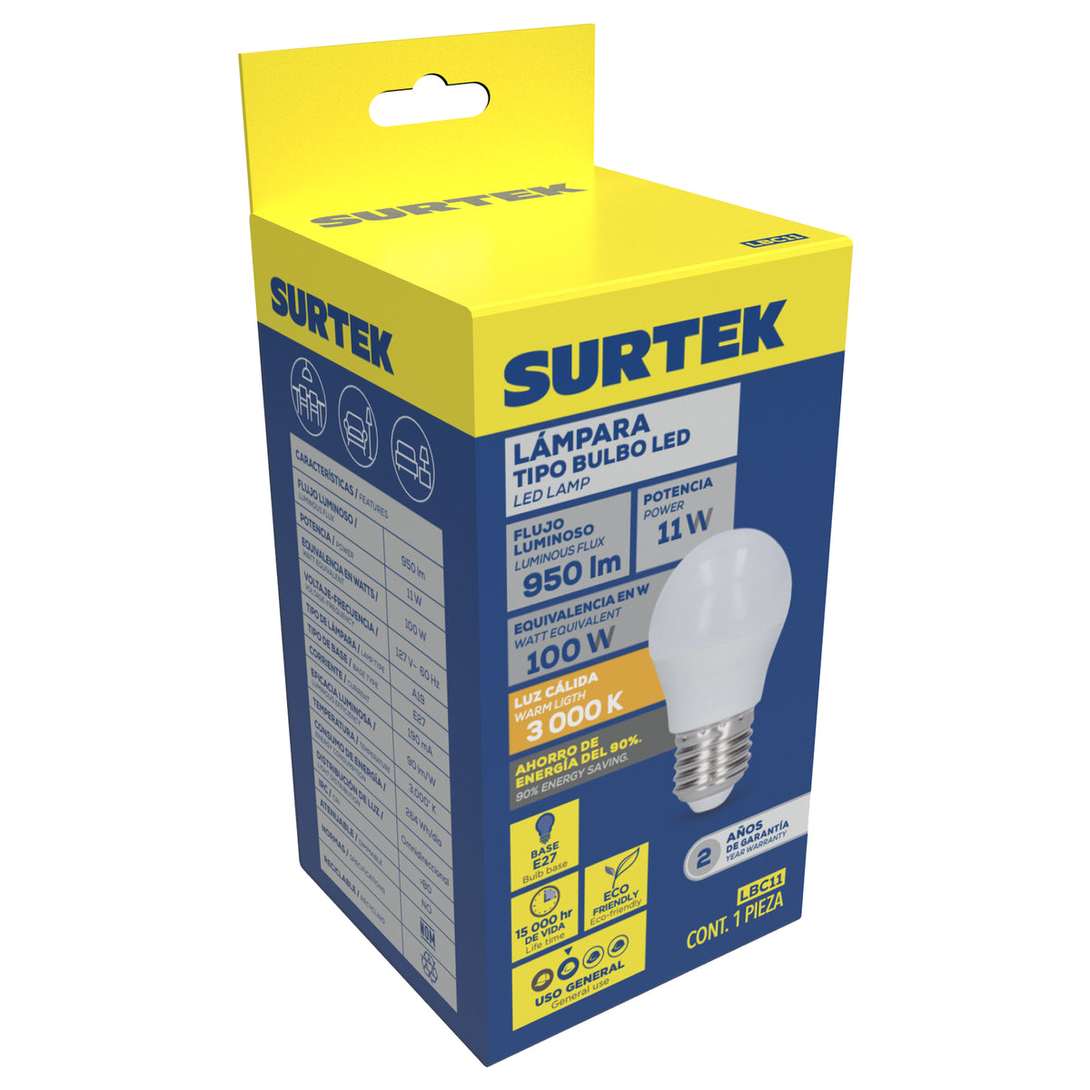 Lámpara de LED tipo bulbo A19, 11 W luz cálida Surtek