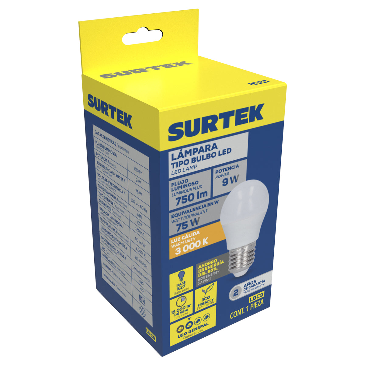 Lámpara de LED tipo bulbo A19, 9 W luz cálida Surtek