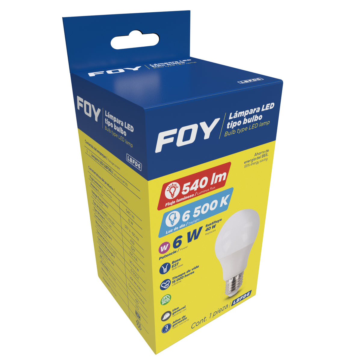 Lámpara de LED tipo bulbo A19, 6 W luz de día Foy