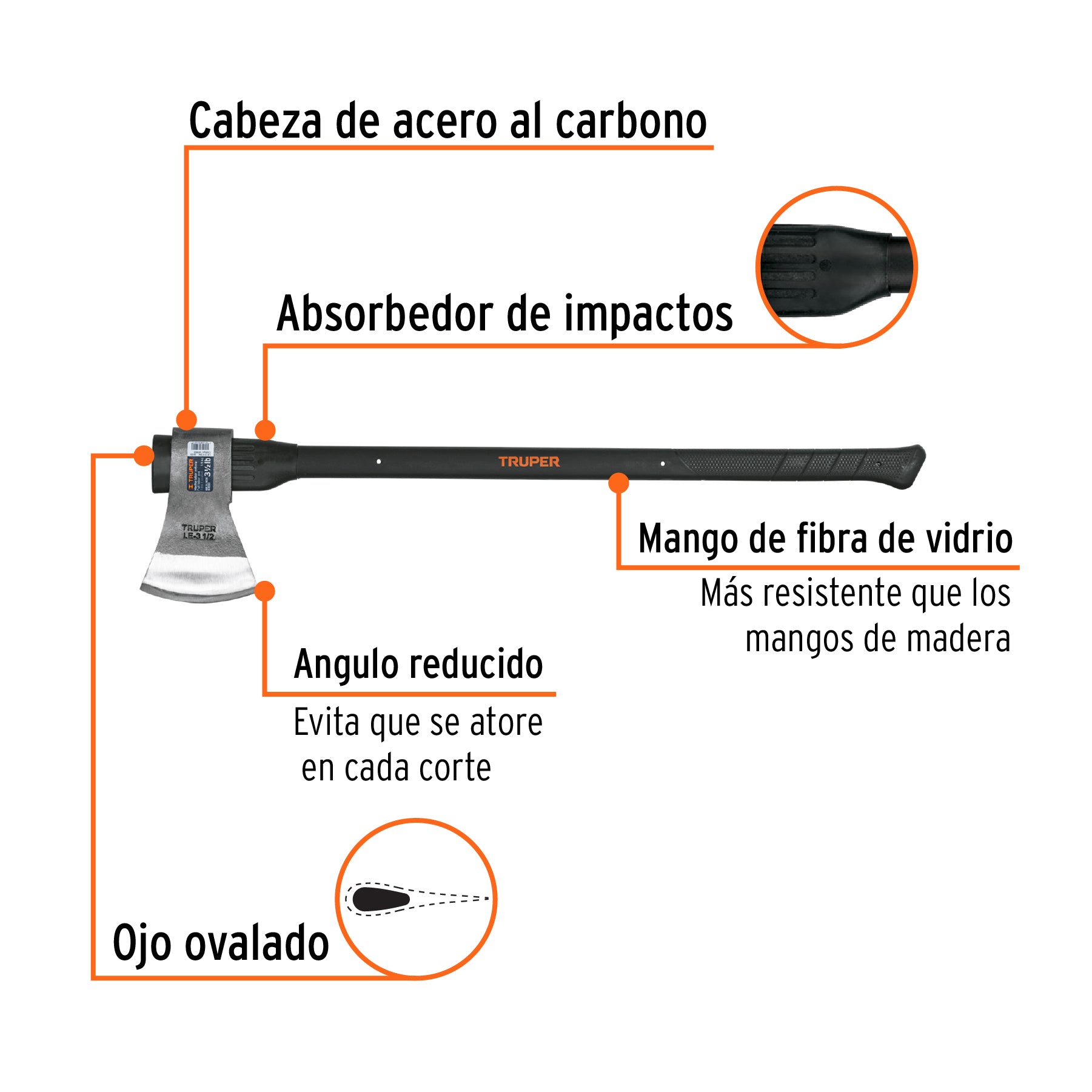 Truper LE-3-1/2M, Hacha labor entera, 3-1/2 lb, mango de 36″