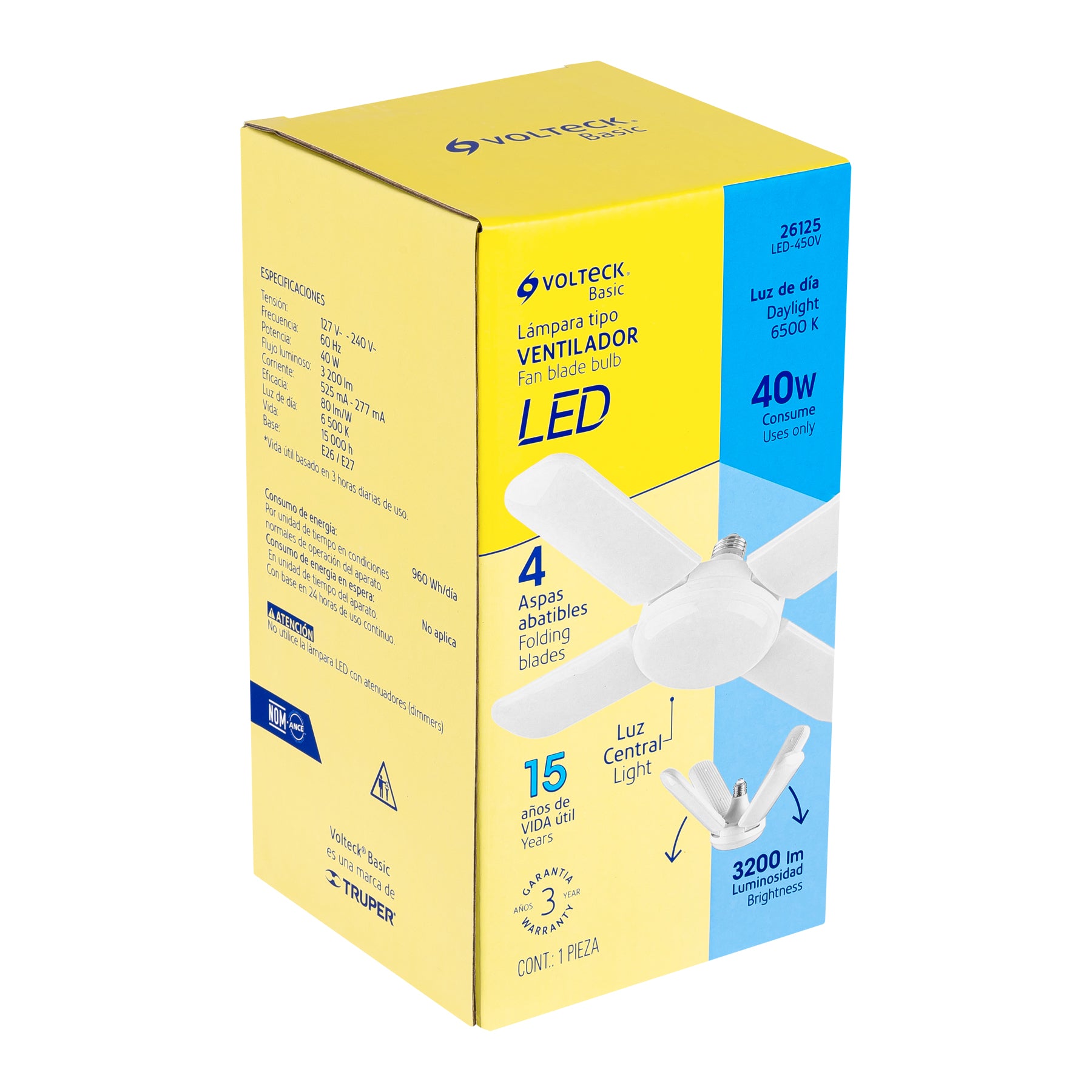 Volteck Basic LED-450V, Lámpara LED 40W tipo ventilador, 4 aspas ajustables