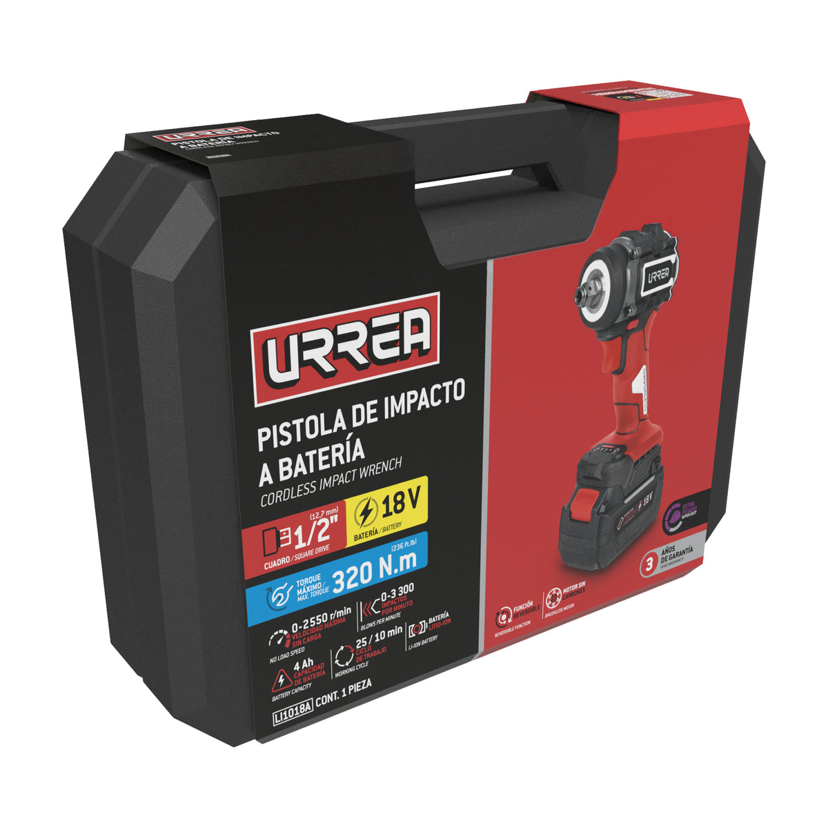 Pistola de impacto 1/2" batería Litio-ion 18 V, 320 Nm Urrea