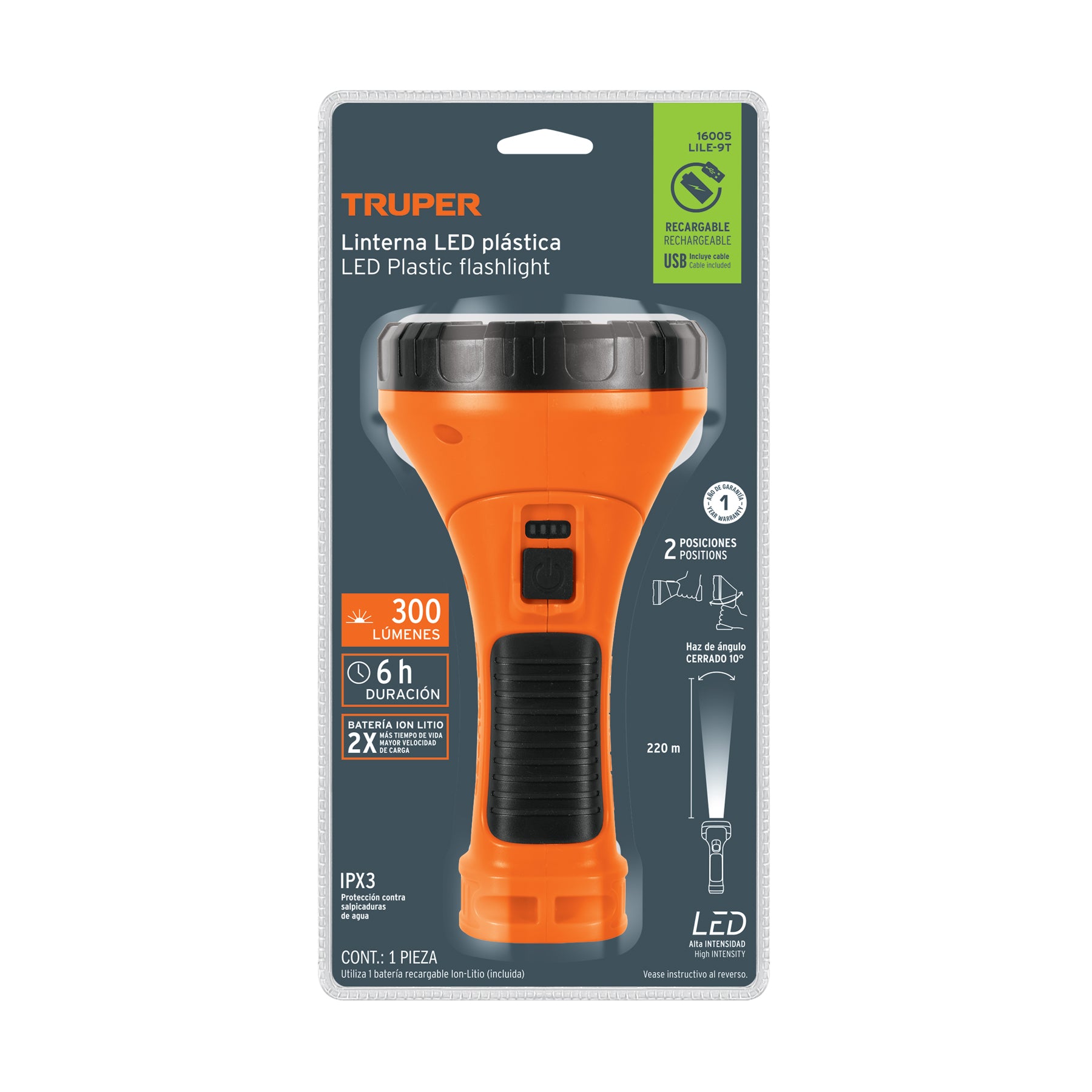 Truper LILE-9T, Linterna recargable de leds, 70 lúmenes