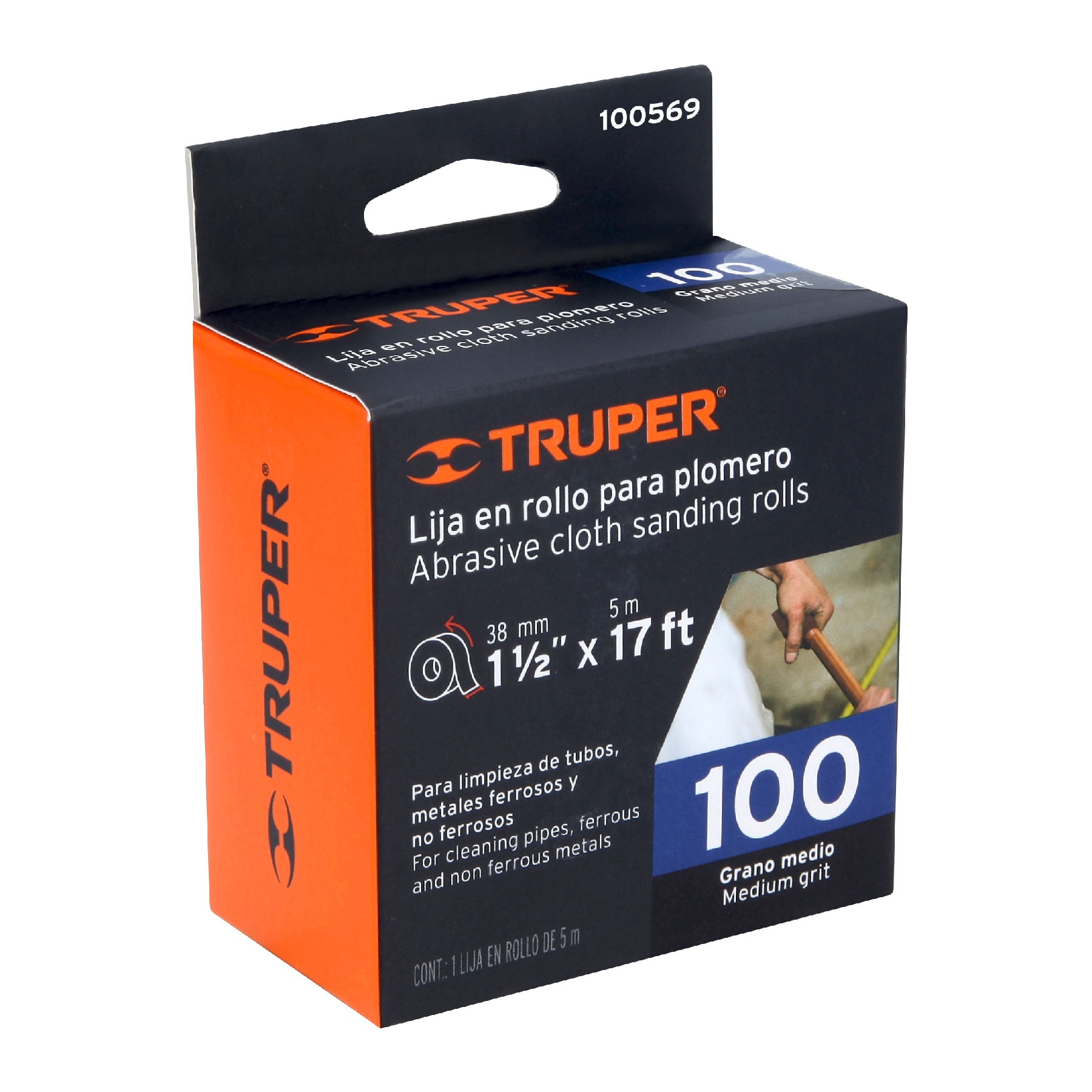 Truper LIPL-100-1-1/2X5, Lija para plomero grano 100, ancho 1-1/2', rollo de 5 m