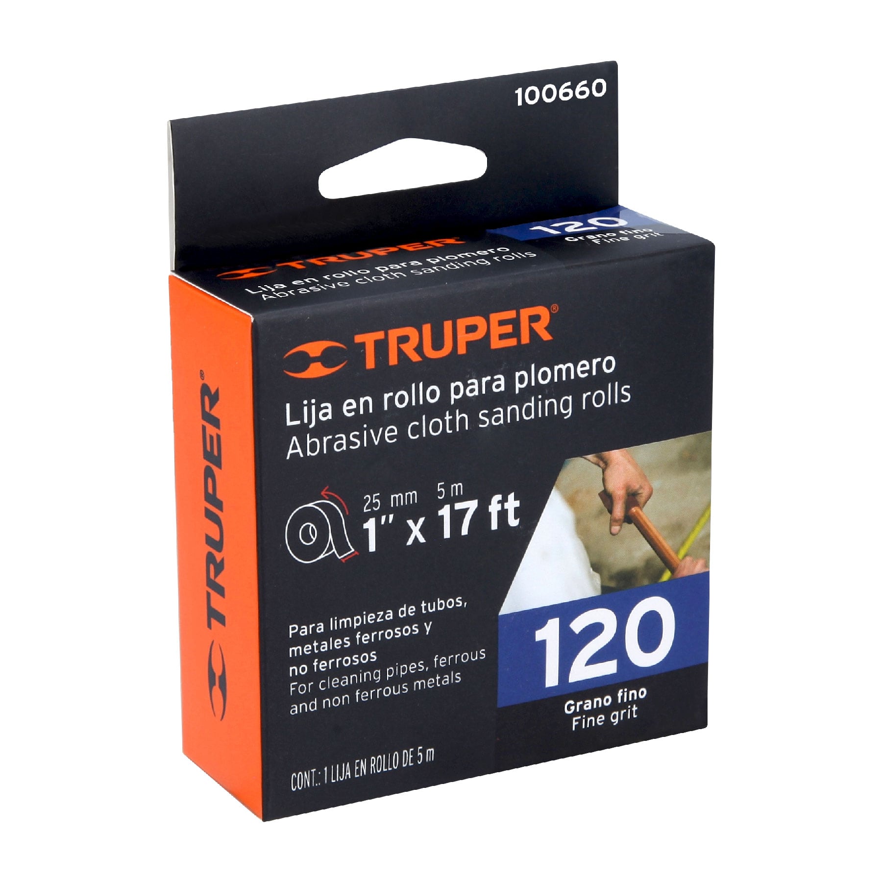 Truper LIPL-120-1X5, Lija para plomero grano 120, ancho 1', rollo de 5 m