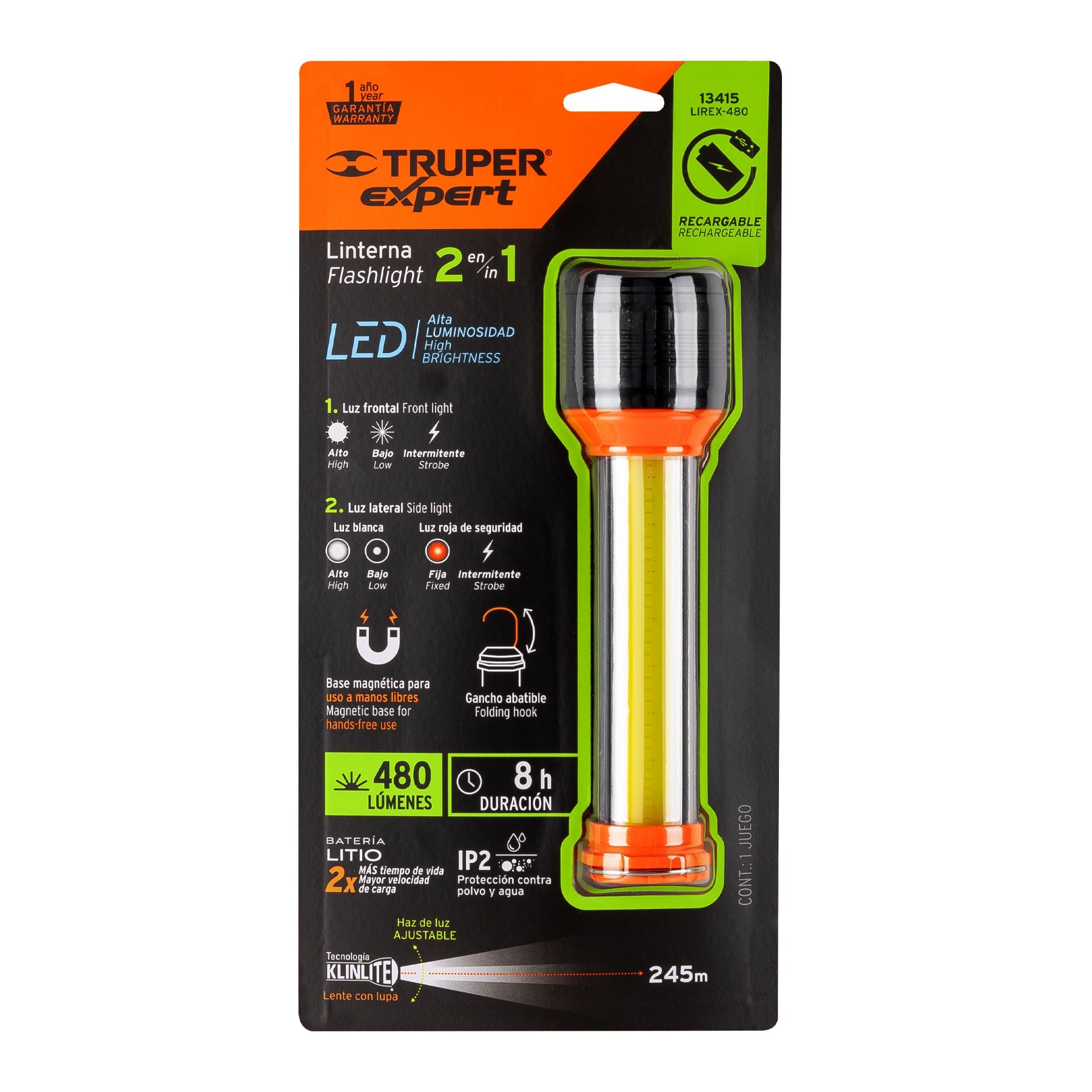 Truper Expert LIREX-480, Linterna recargable con luz emergencia, 480 lúmenes