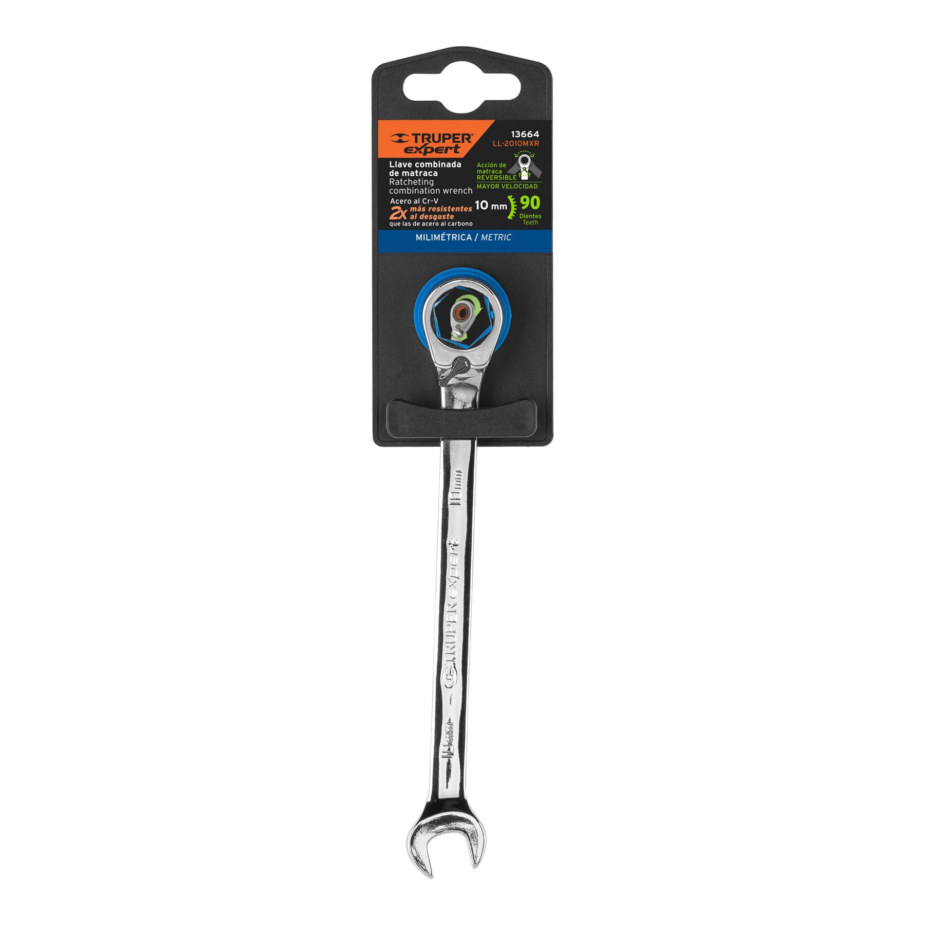 Truper Expert LL-2010MXR, Llave combinada matraca reversible 10 mm x 154 mm largo