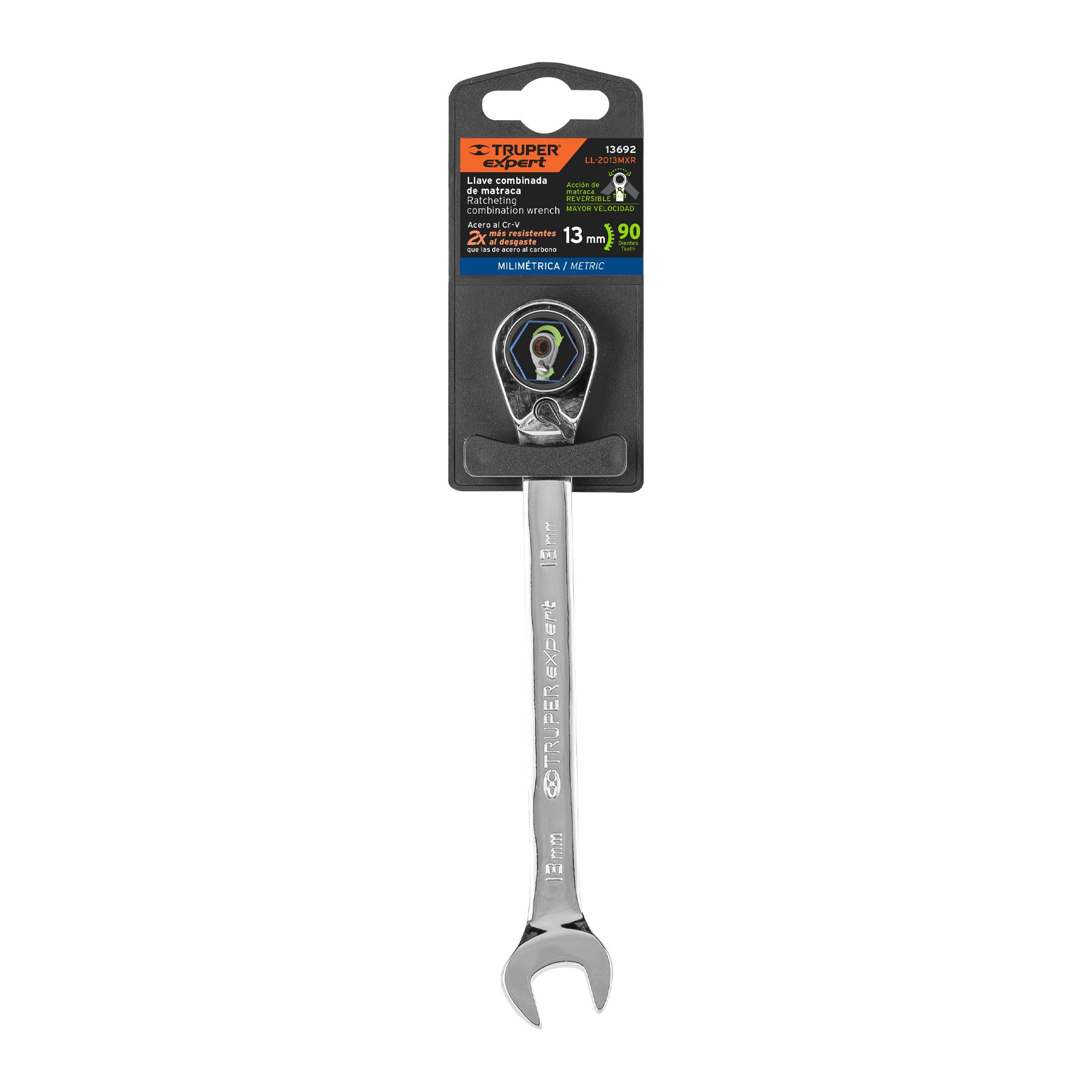 Truper Expert LL-2013MXR, Llave combinada matraca reversible 13 mm x 178 mm largo
