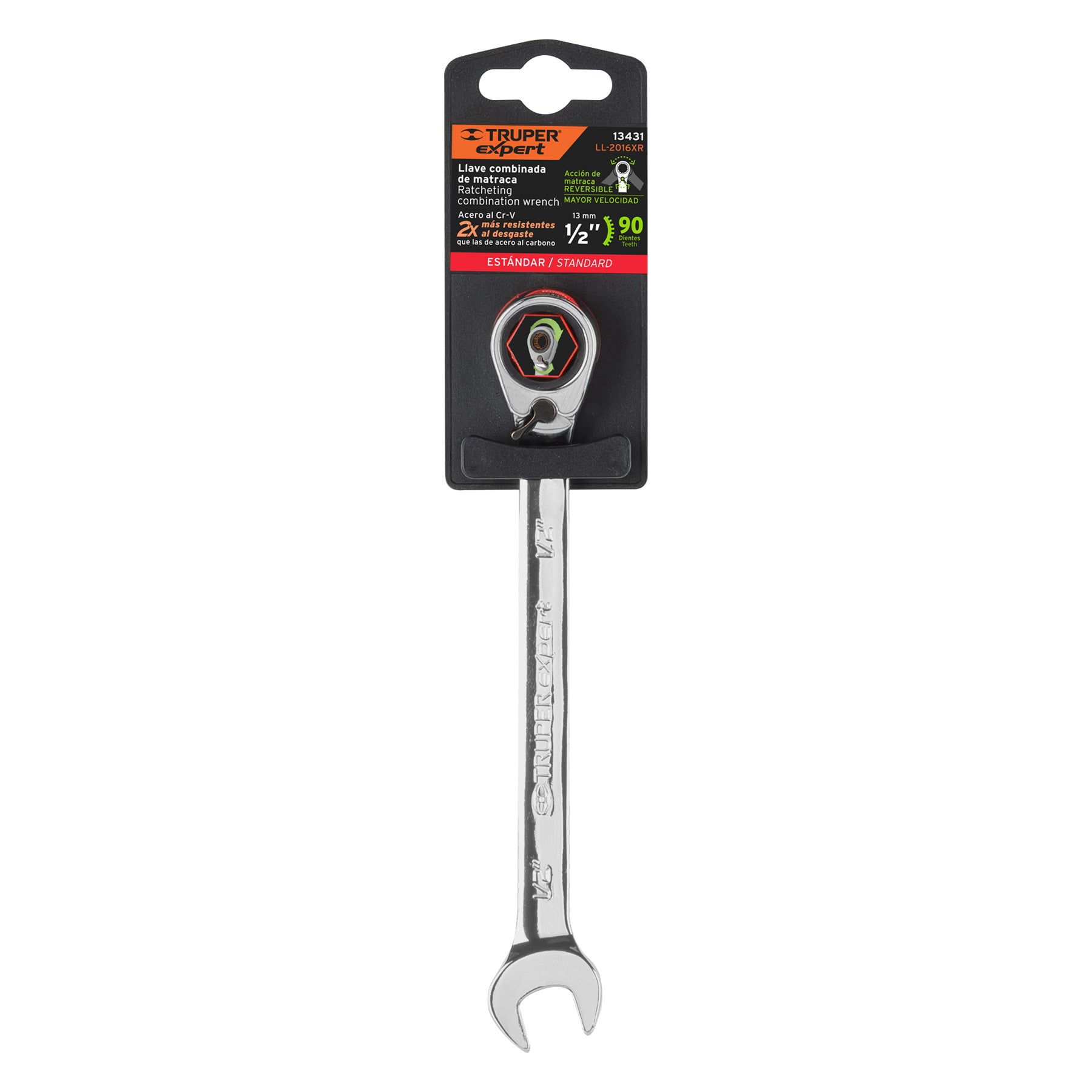 Truper Expert LL-2016XR, Llave combinada matraca reversible 1/2″ x 178 mm largo
