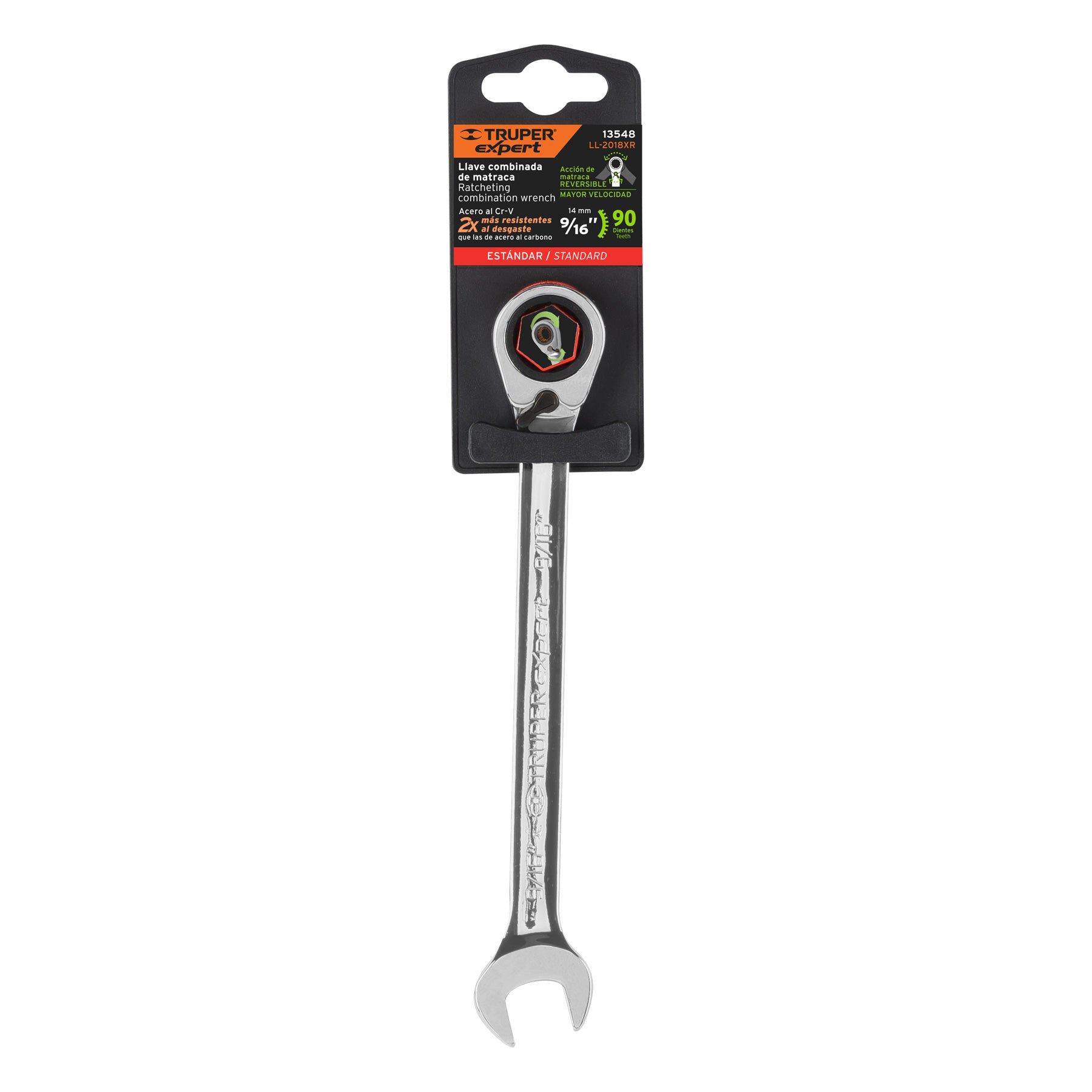 Truper Expert LL-2018XR, Llave combinada matraca reversible 9/16″ x 188 mm largo