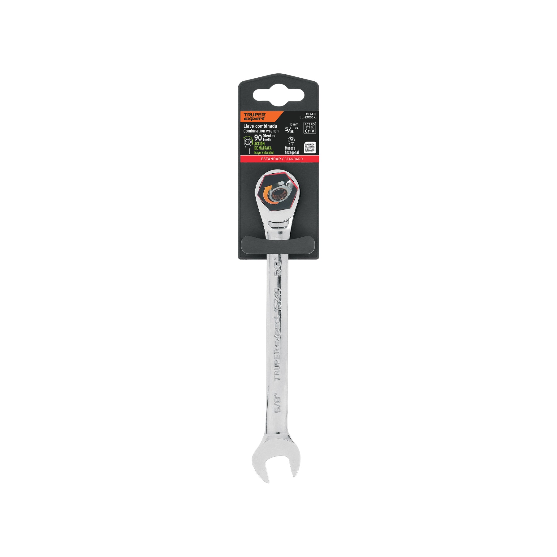 Truper Expert LL-2020X, Llave combinada con matraca, 5/8″ x 202 mm
