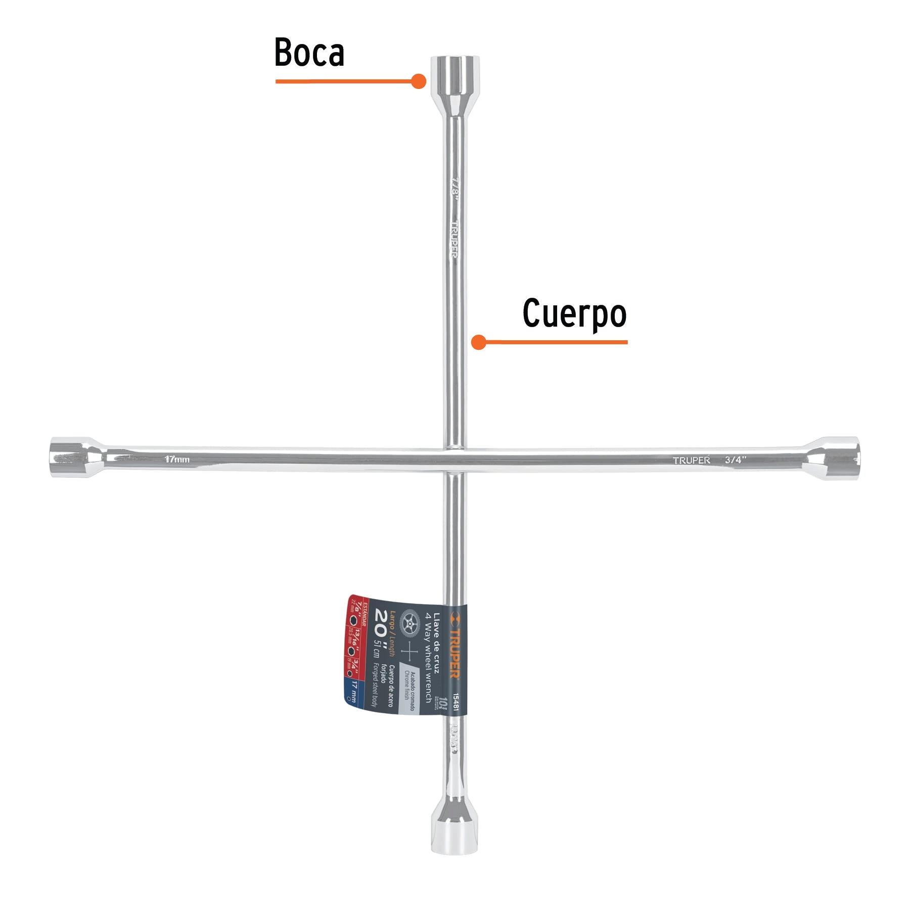 Truper LLCR-20, Llave de cruz para auto fabricada en acero, 20″