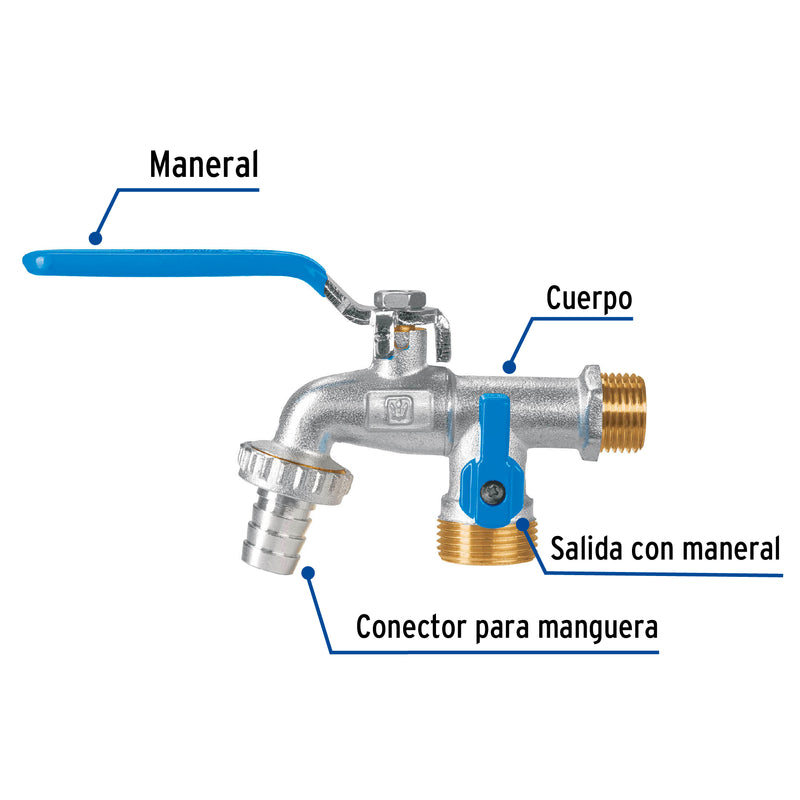 Llave de esfera doble salida 1/2" de latón, FOSET - Carzamo.com