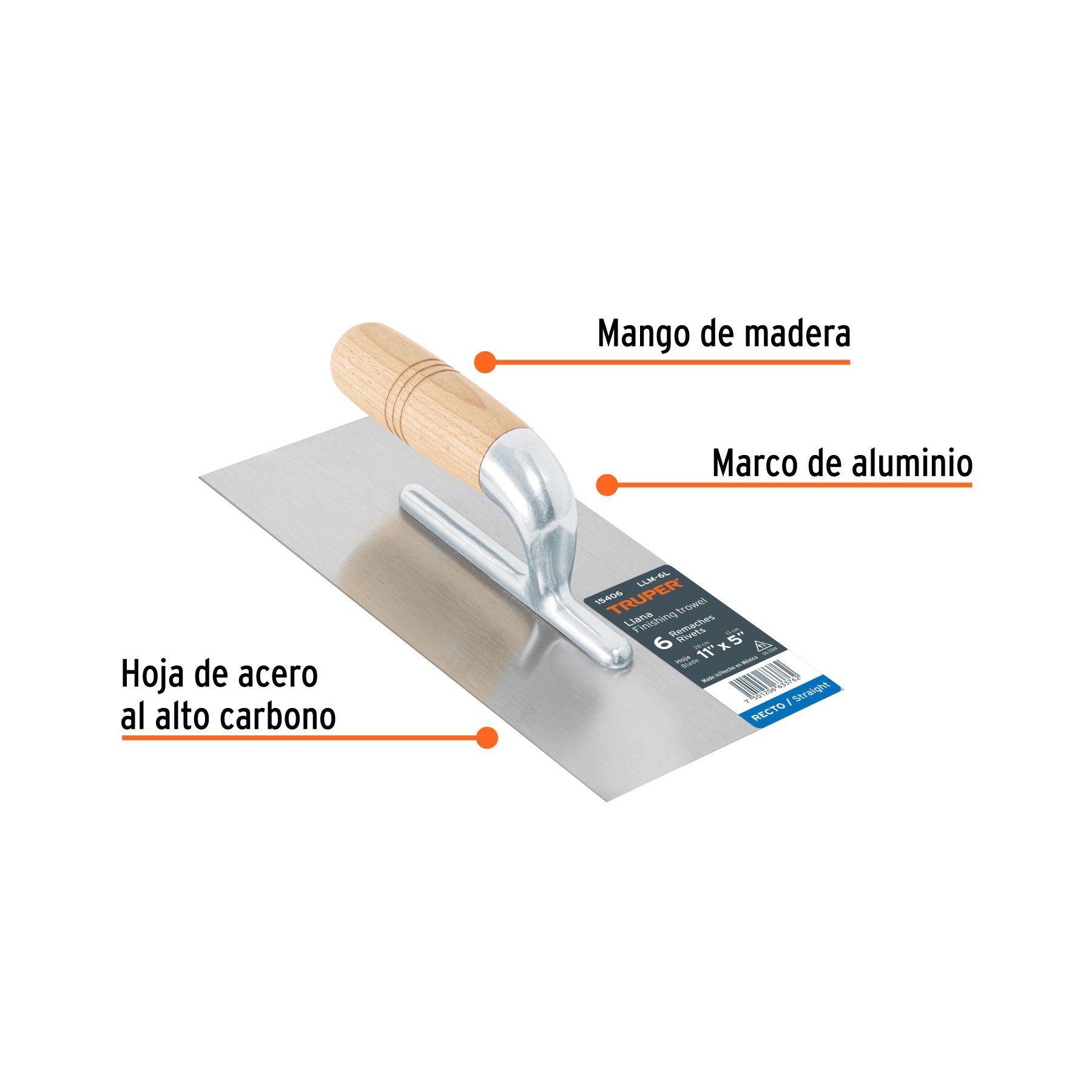 Truper LLM-6L, Llana, mango madera, canto recto, 6 remaches, 11″
