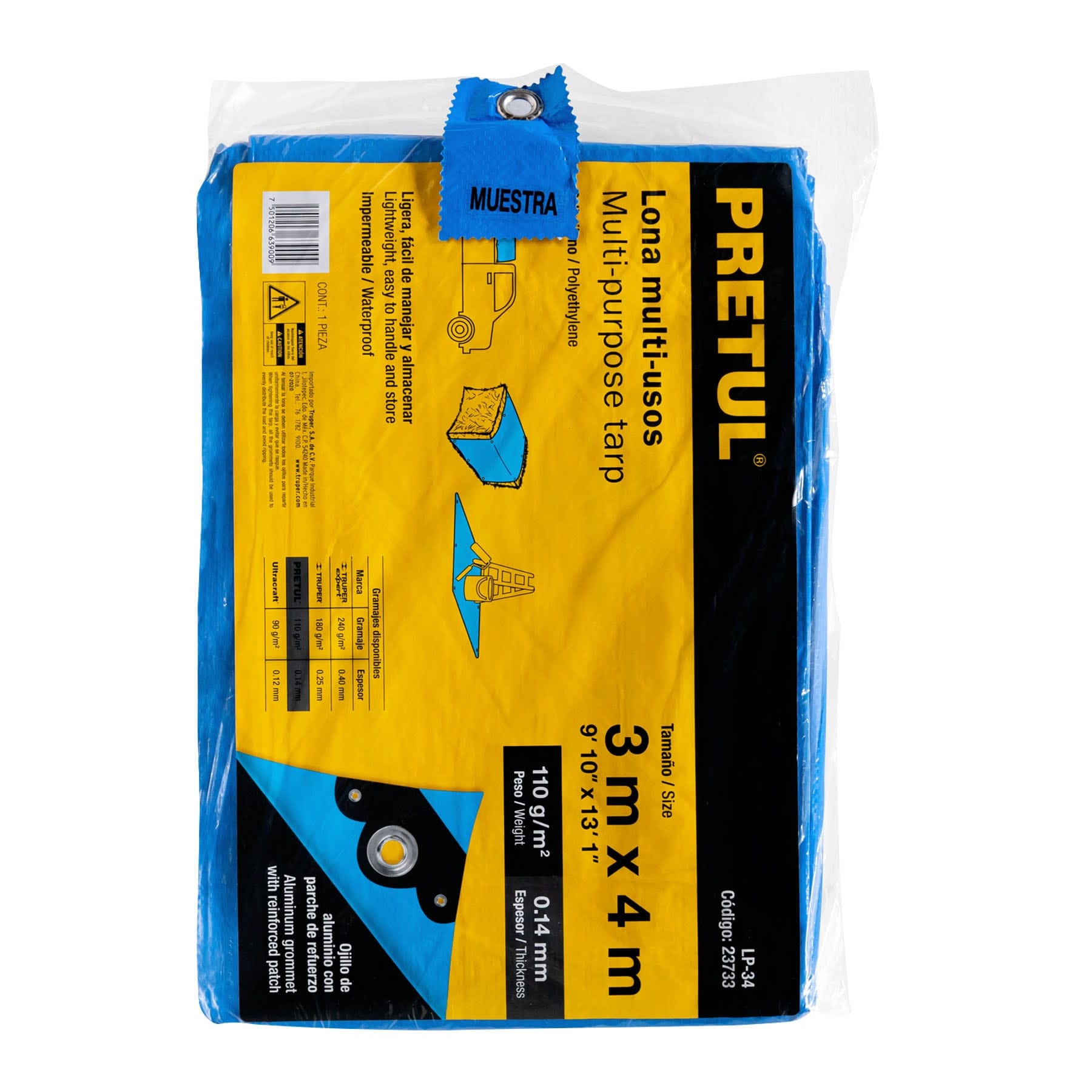 Pretul LP-34, Lona 3 x 4 m, azul, protección ultravioleta, Paquete con 1 pieza
