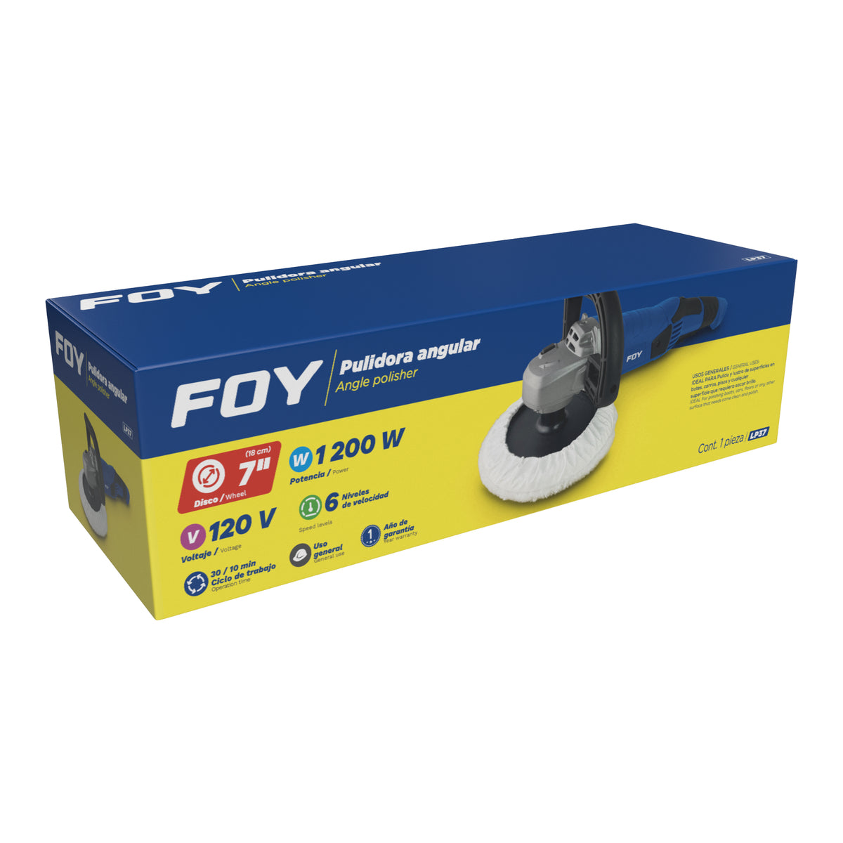 Pulidora angular 7" 1500 - 4200 RPM, 1200 W, 120 V Foy