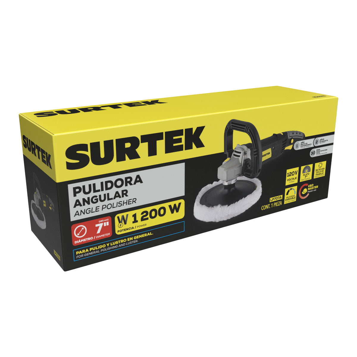 Pulidora angular 7" 1000 - 4300 RPM, 1200 W,120 V Surtek