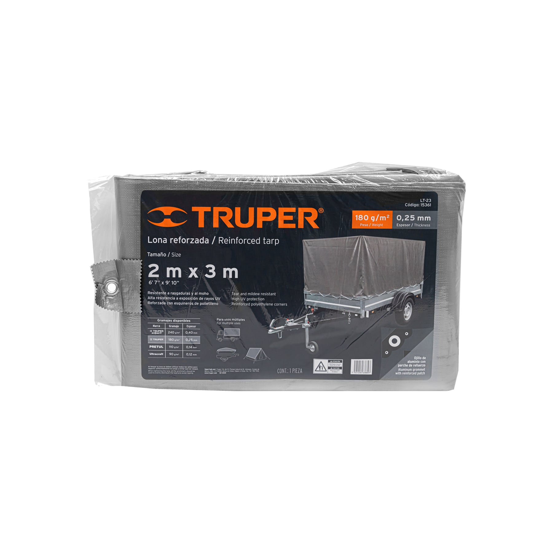 Lona de polietileno reforzada 2 x 3 m, gris, 180g/m2, TRUPER