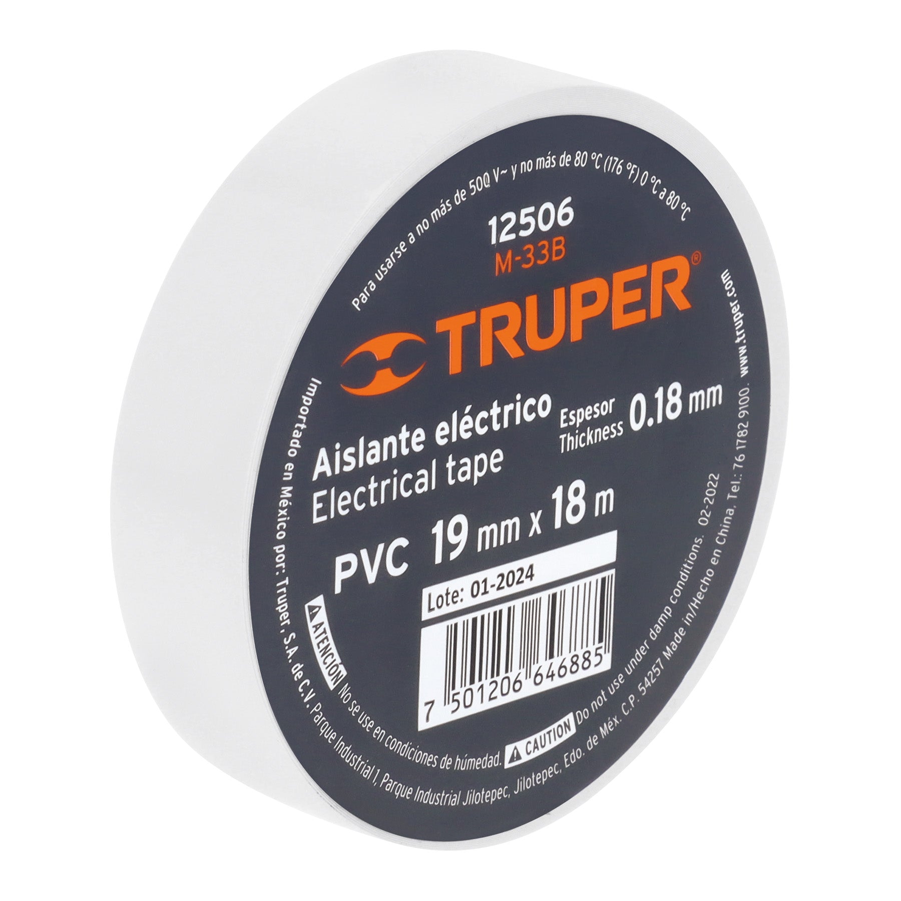 Truper M-33B, Cinta de aislar, 18 m x 19 mm, blanca