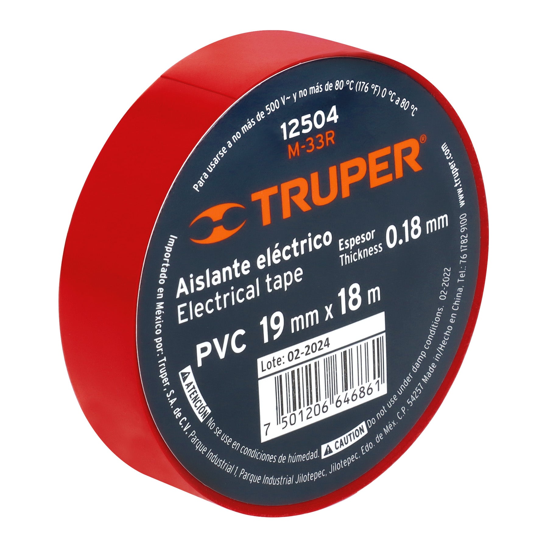 Truper M-33R, Cinta de aislar, 18 m x 19 mm, roja, adhesivo acrílico
