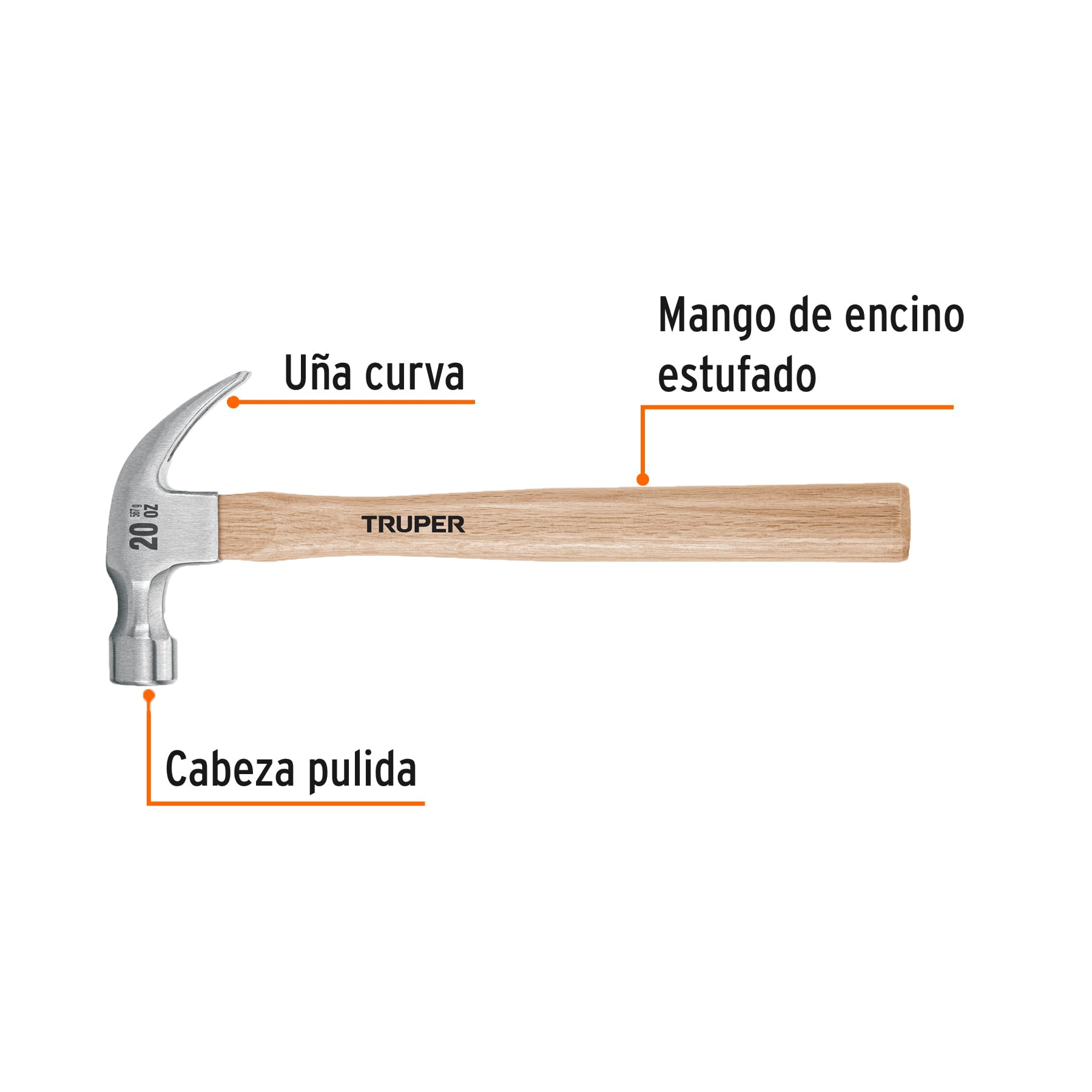 Truper MA-20, Martillo uña curva, cabeza pulida, 20 oz
