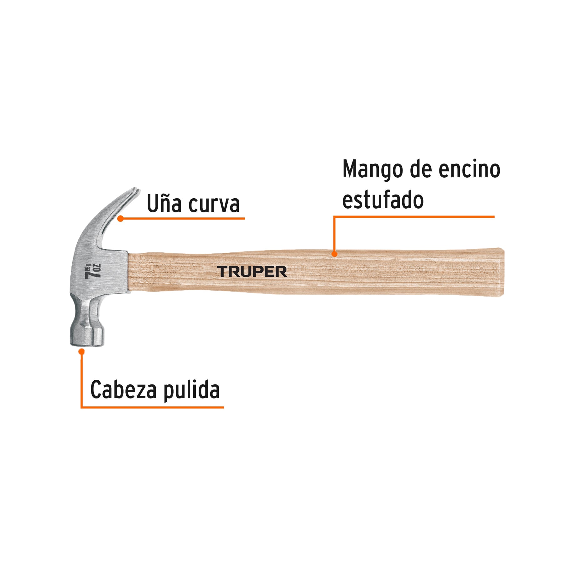 Truper MA-7, Martillo uña curva, cabeza pulida, 7 oz
