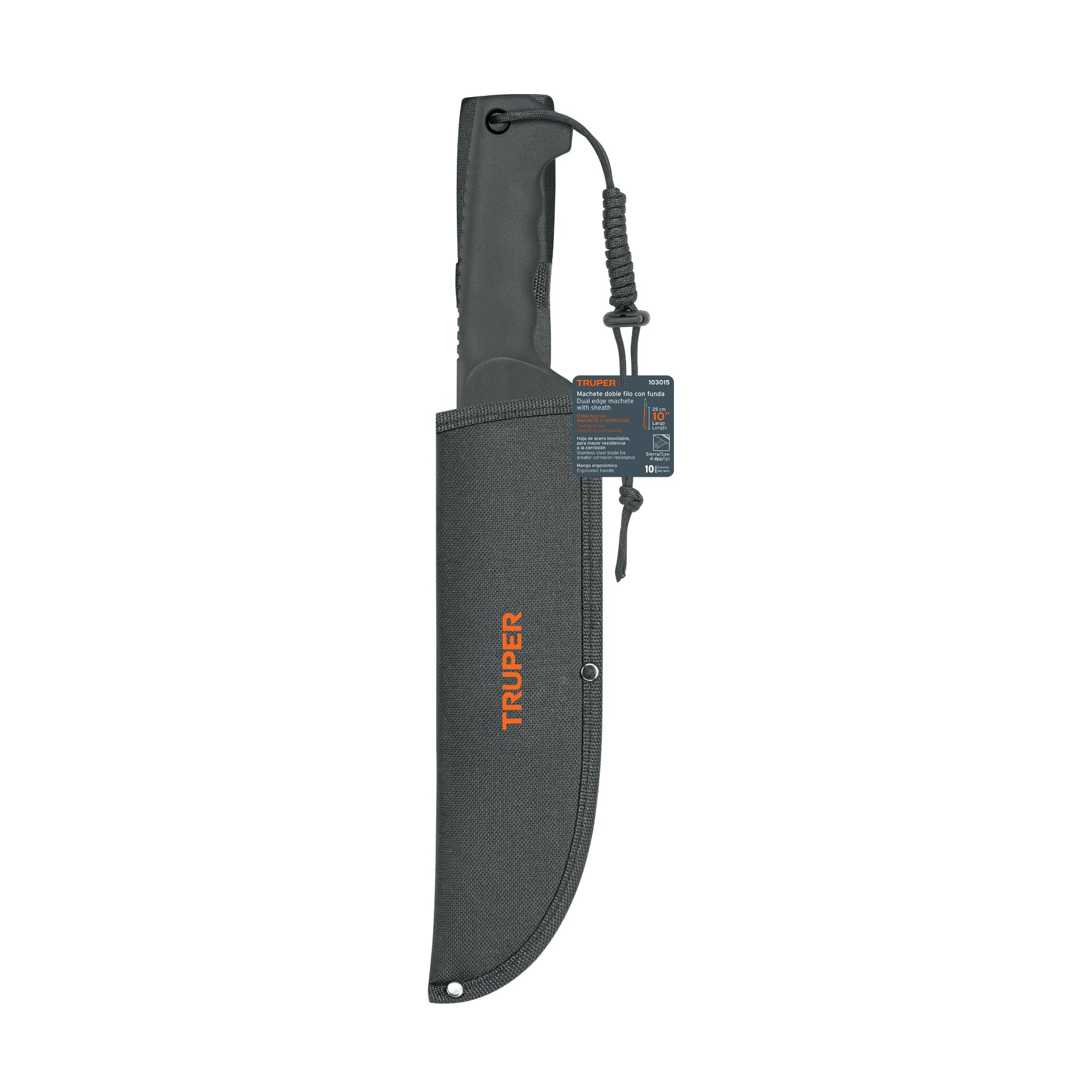 Machete doble filo 10", cacha inyectada, con funda, TRUPER