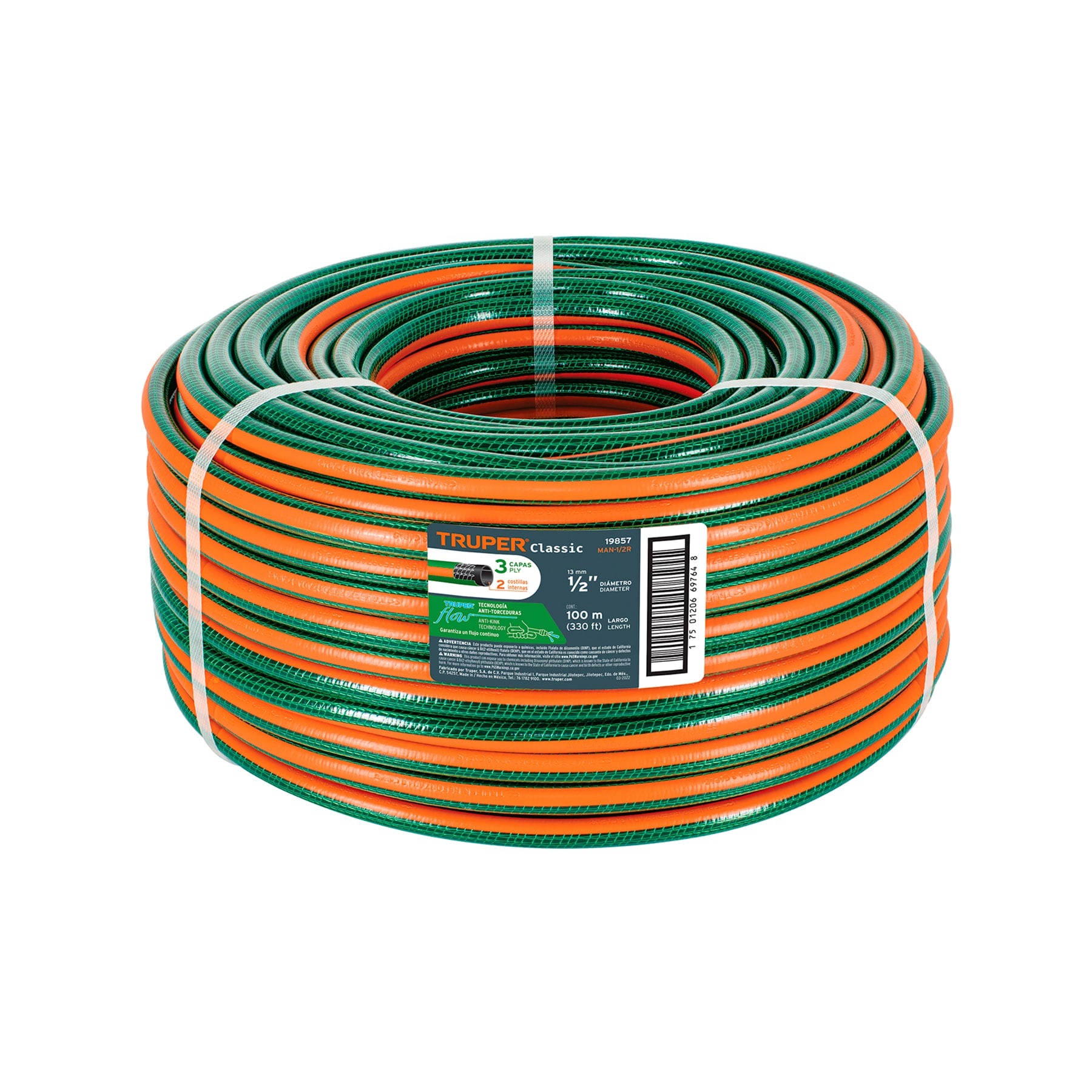 Truper MAN-1/2R, Manguera reforzada 3 capas, rollo de 100 m, 1/2″
