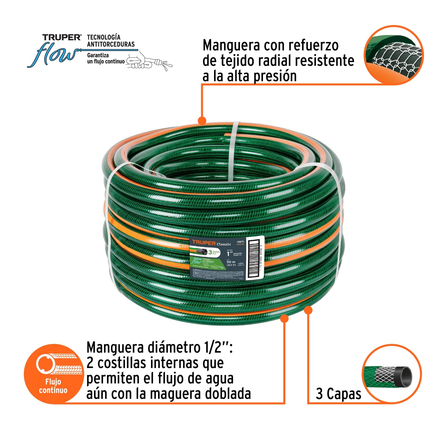Truper MAN-1R, Manguera reforzada 3 capas, rollo de 50 m