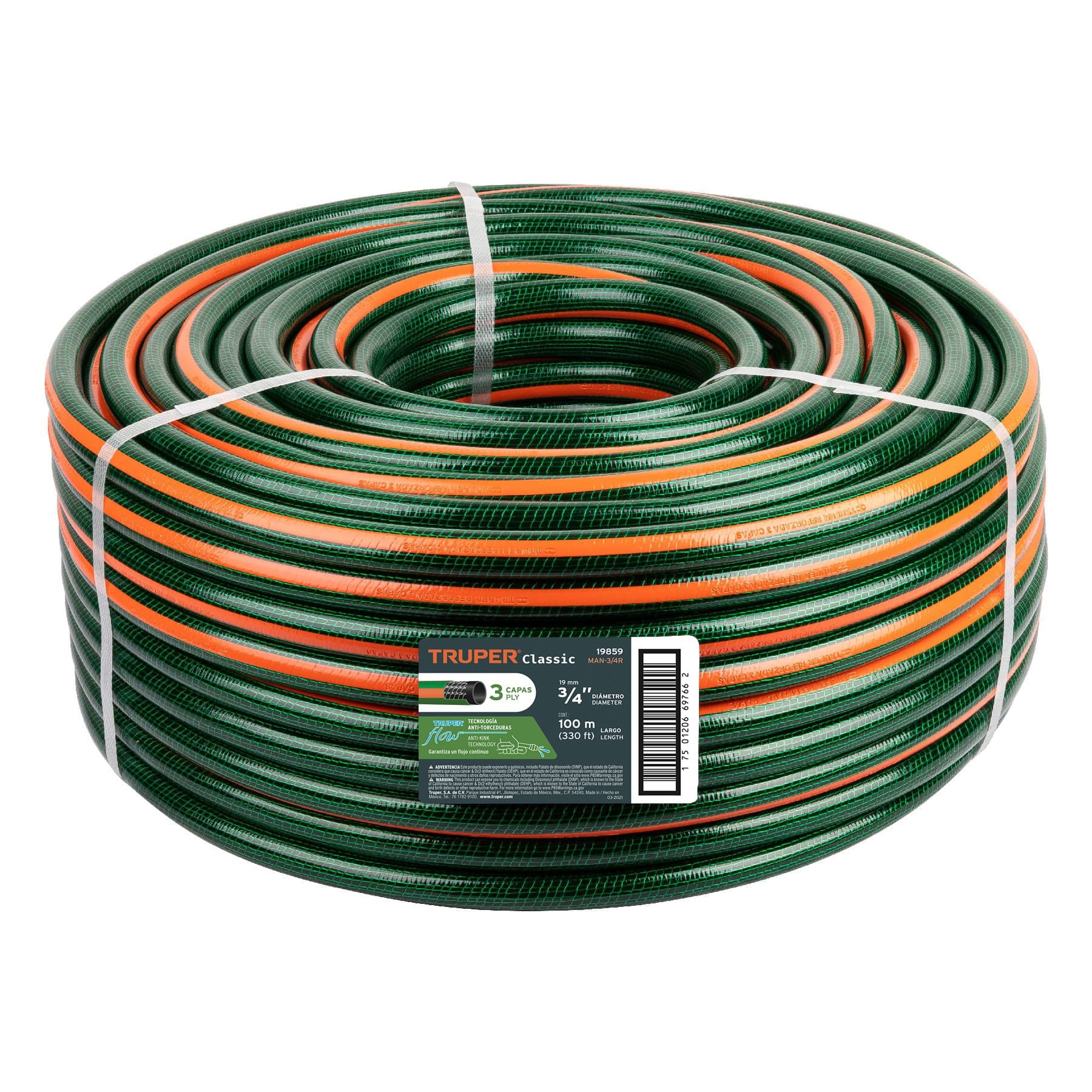 Truper MAN-3/4R, Manguera reforzada 3 capas, rollos de 100 m, 3/4″