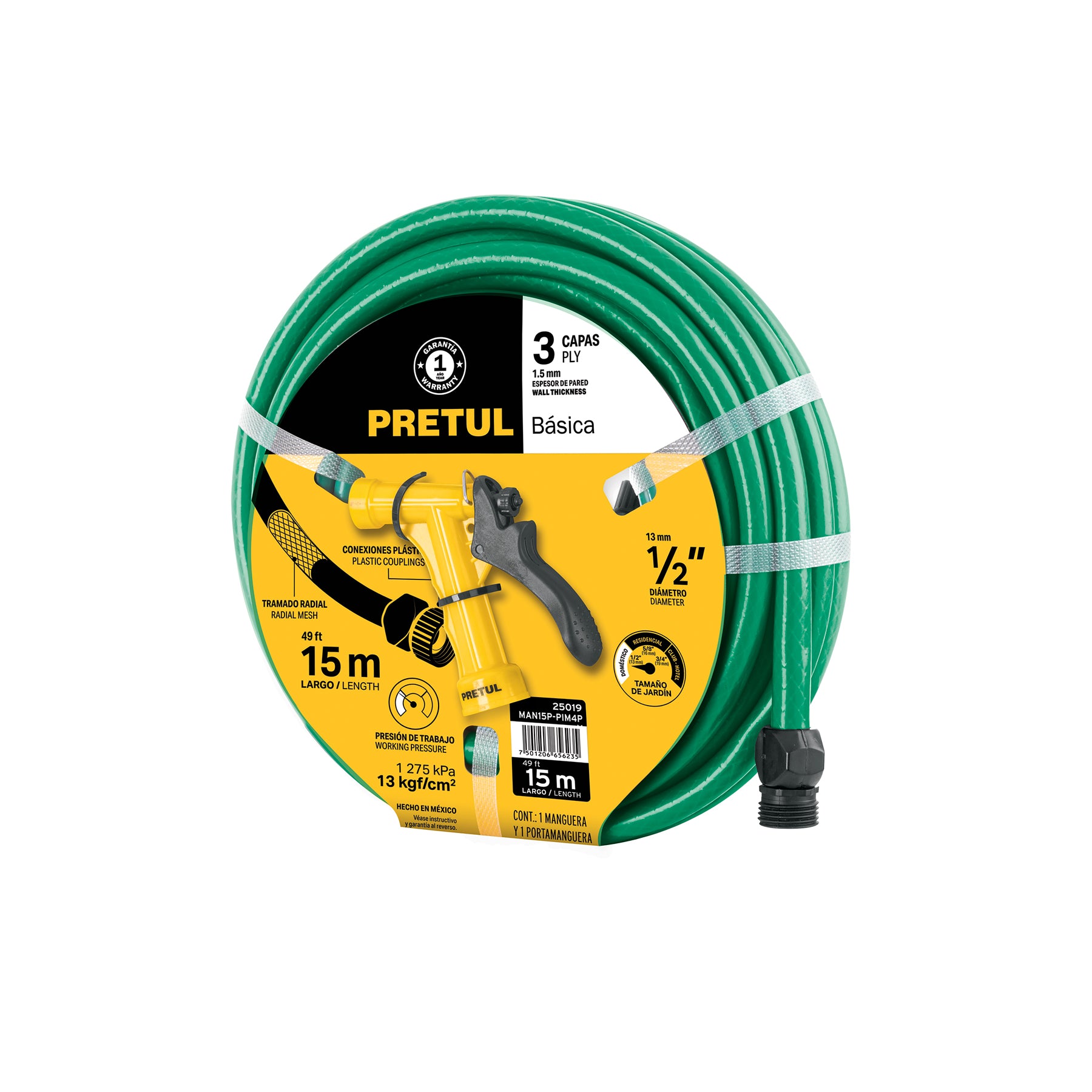 Combo manguera MAN-15X1/2P y pistola de riego PIM-4P, PRETUL MAN15P-PIM4P