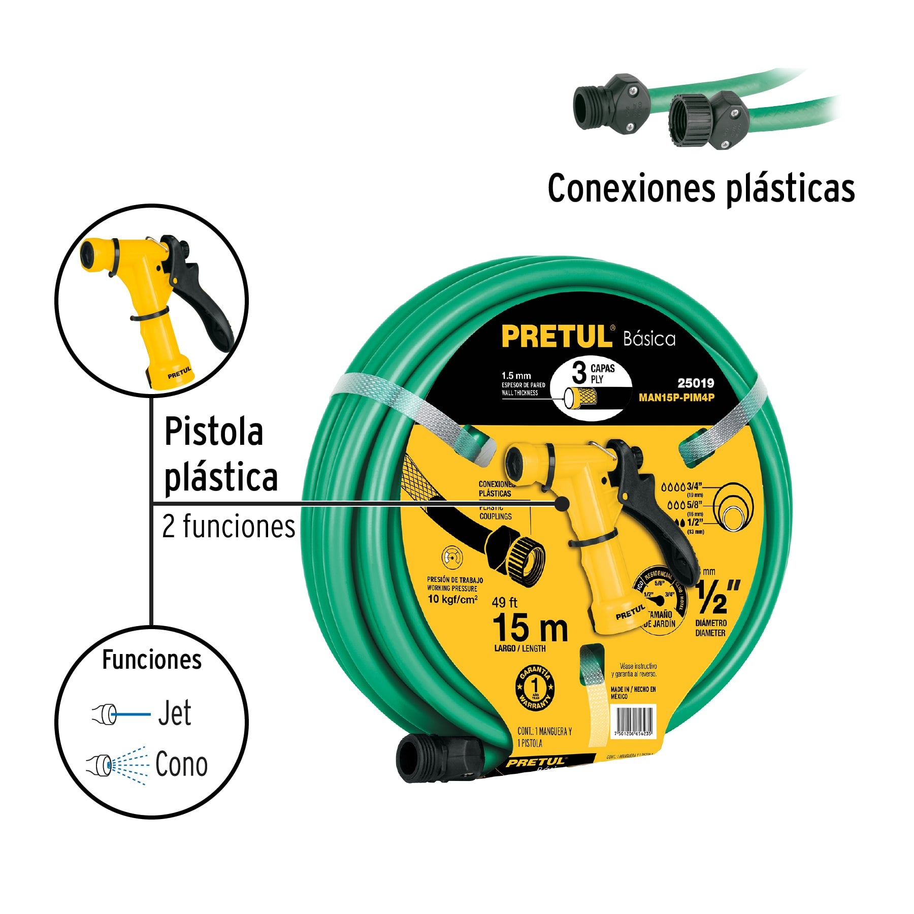 Combo manguera MAN-15X1/2P y pistola de riego PIM-4P, PRETUL MAN15P-PIM4P