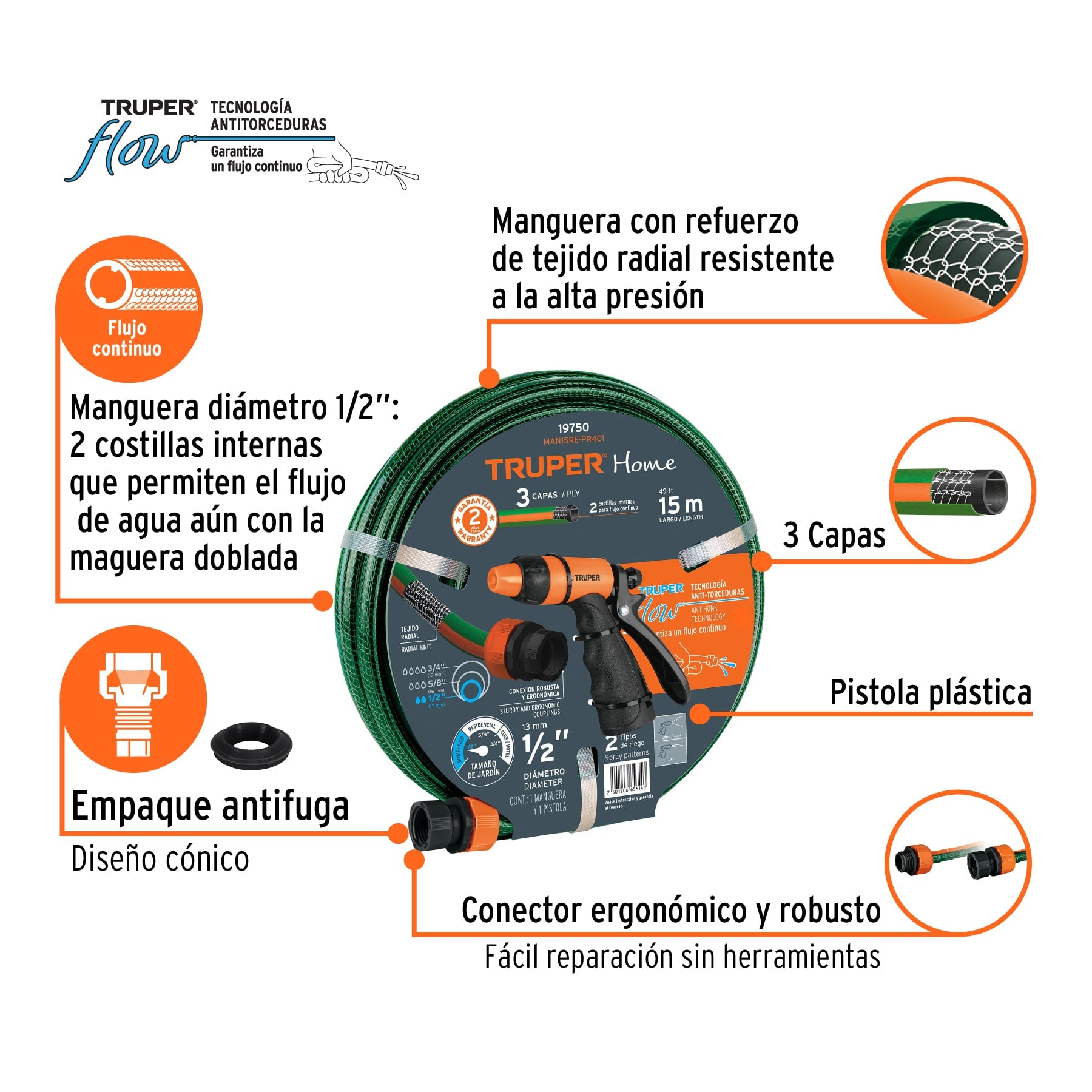 Combo manguera MAN-15X1/2RE y pistola de riego PR-401 MAN15RE-PR401