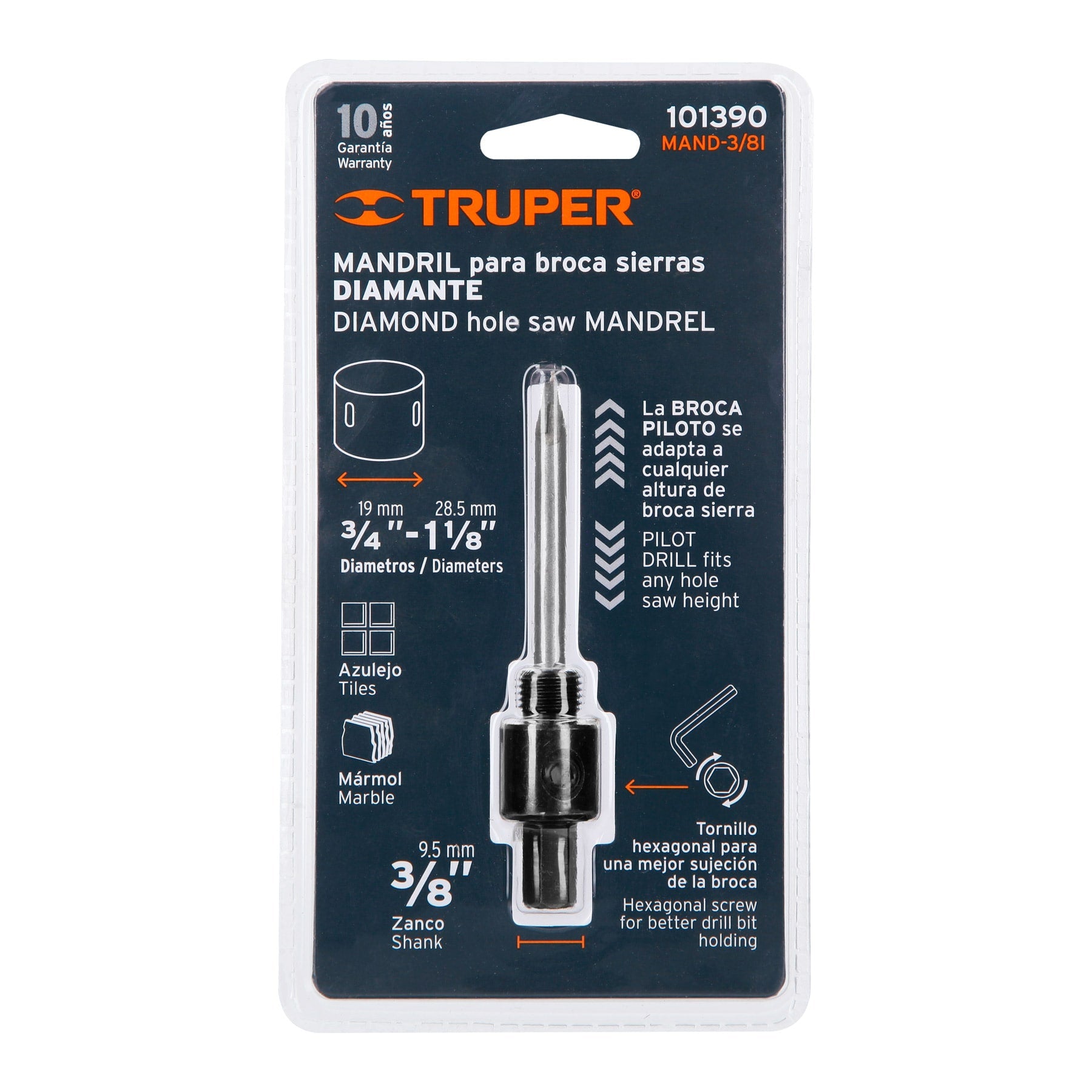 TRUPER Sierra de corona de diamante Mandril de 3/4″ - 1-1/8″, vástago de 3/8″ ″, 101390