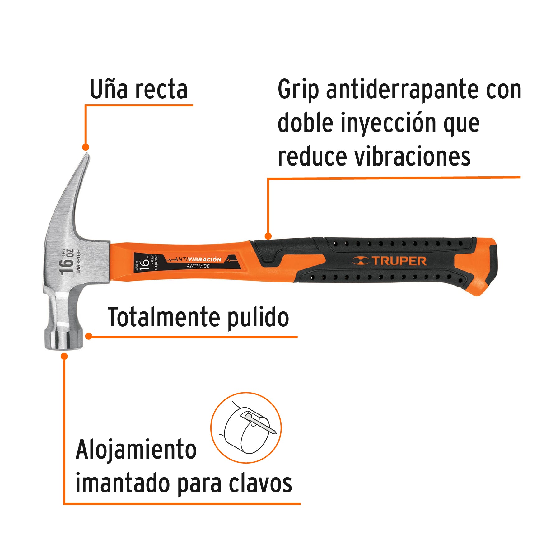 Martillo Truper 16 oz Uña Recta con Mango de Fibra de Vidrio MAR-16F