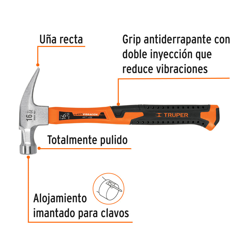 Martillo Truper 16 oz Uña Recta con Mango de Fibra de Vidrio MAR-16F - Carzamo.com