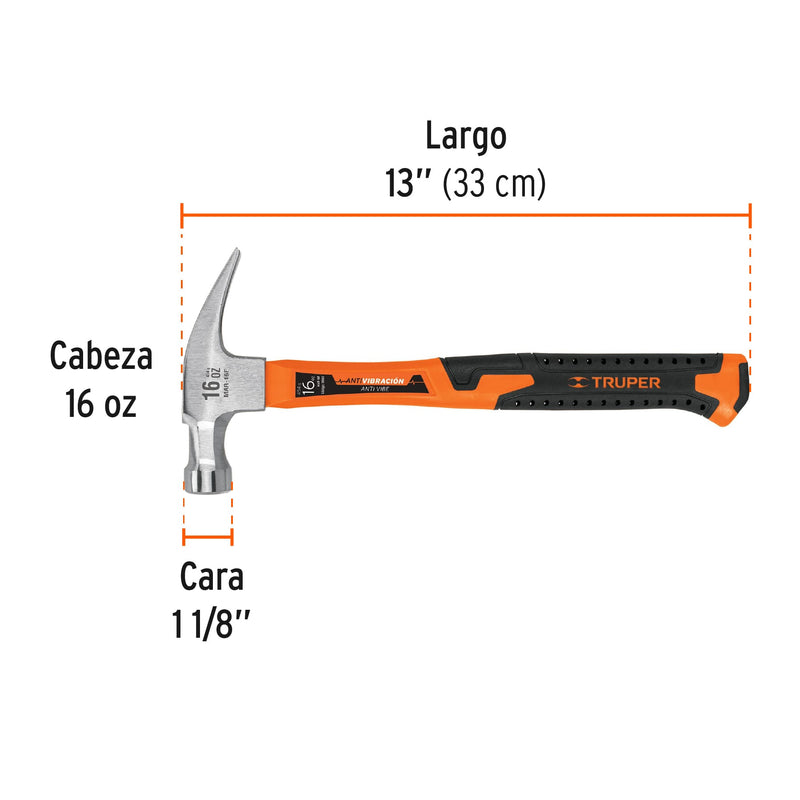 Martillo Truper 16 oz Uña Recta con Mango de Fibra de Vidrio MAR-16F - Carzamo.com