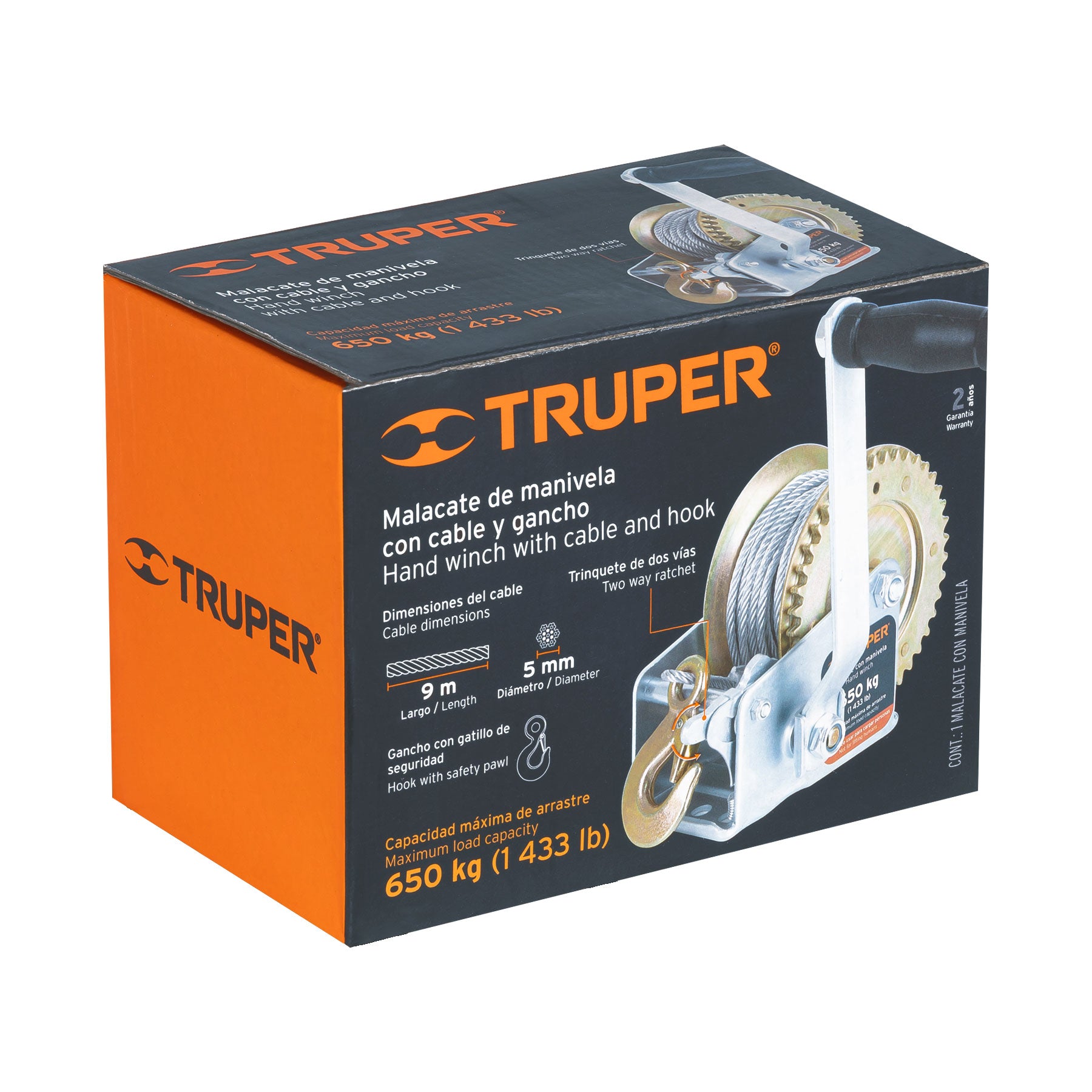 Truper MAW-54C, Malacate con manivela, 650 kg, con cable