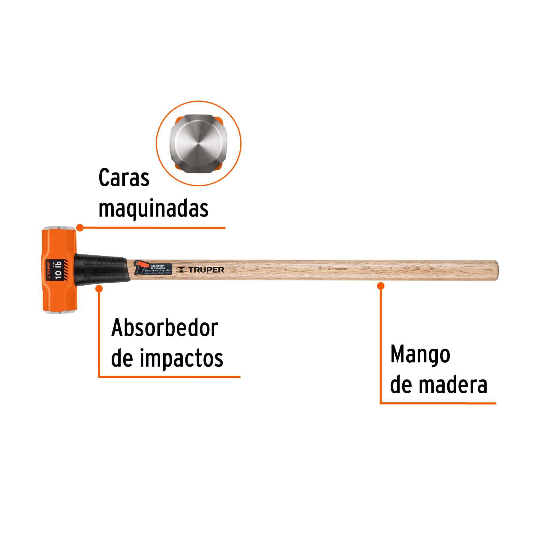 Truper MD-10M, Marro octagonal 10 lbs, mango madera 36″
