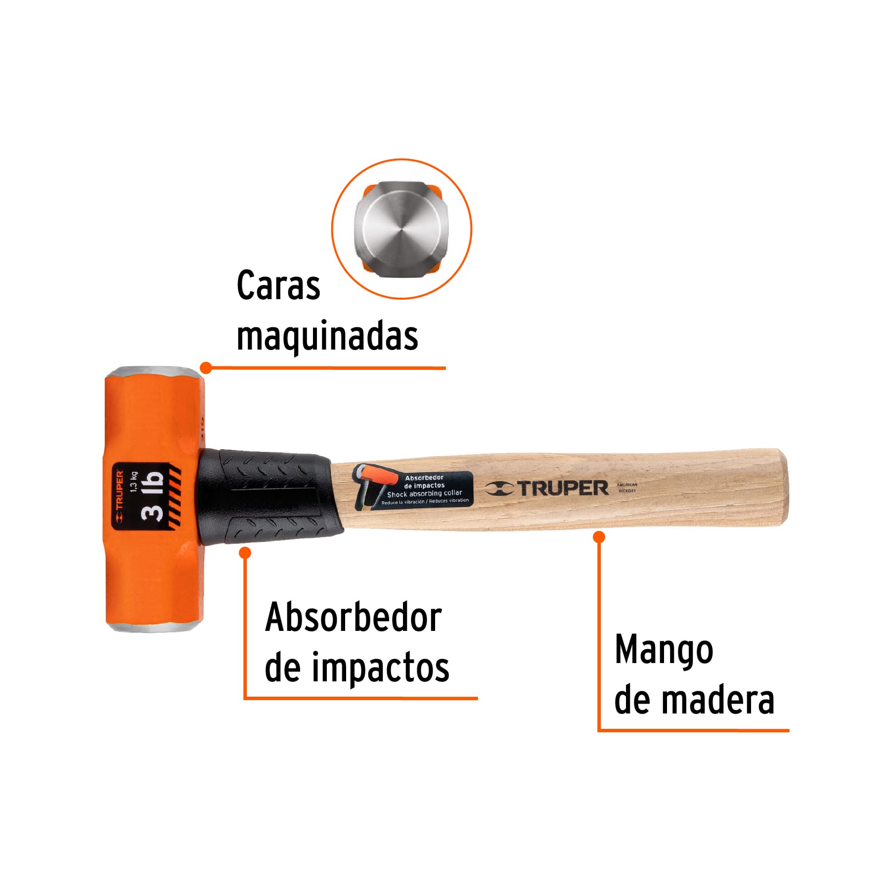 Truper MD-3M, Marro octagonal 3 lbs. mango madera 12″