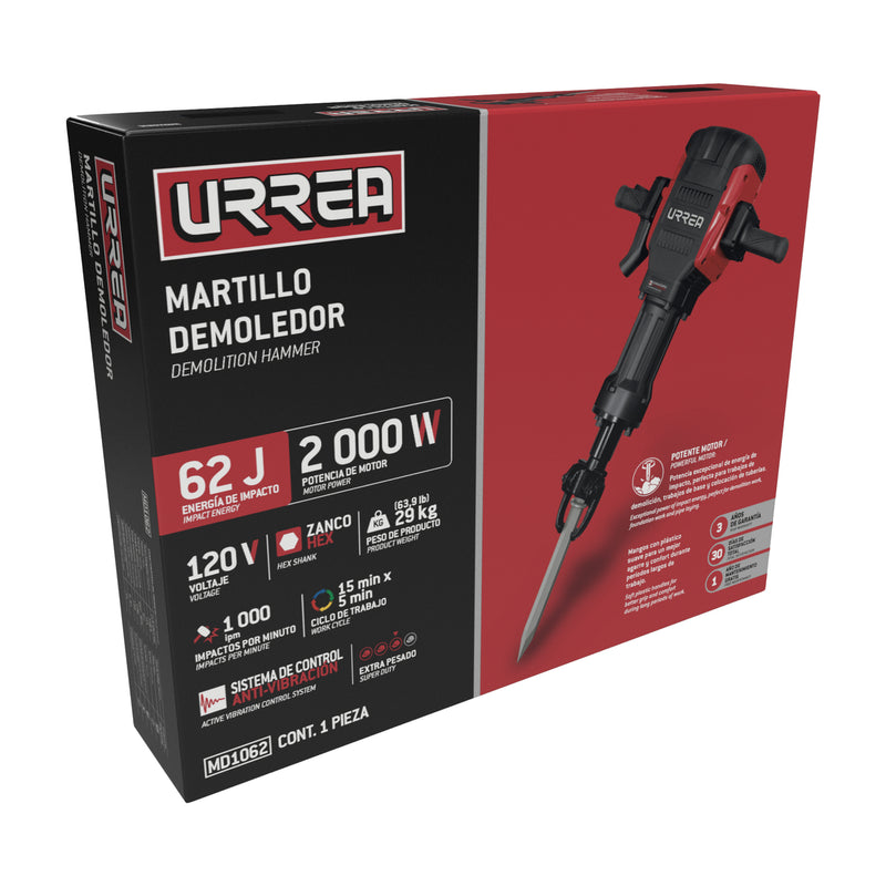 Martillo demoledor con control antivibración, zanco hexagonal 2000W, 120V, 62J, 1000 IPM Urrea