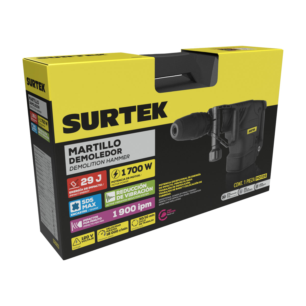 Martillo demoledor con control anti-vibración, SDS Max 1700W, 29J, 2900 IPM Surtek
