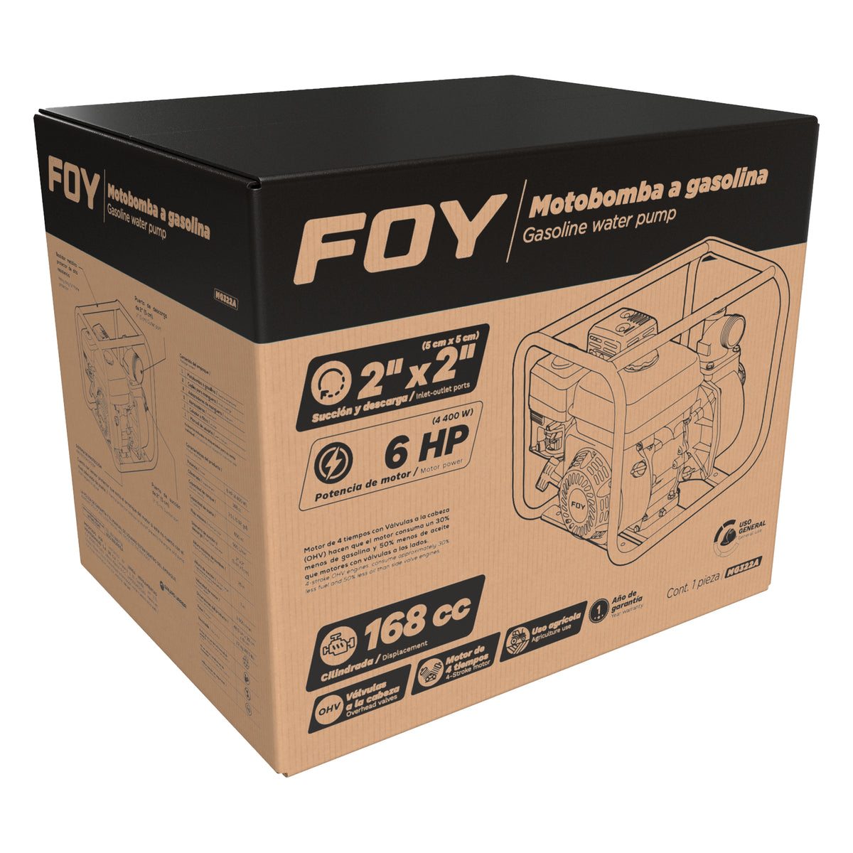 Motobomba a gasolina con diámetro de succión y descarga de 2 x 2", 6 HP Foy