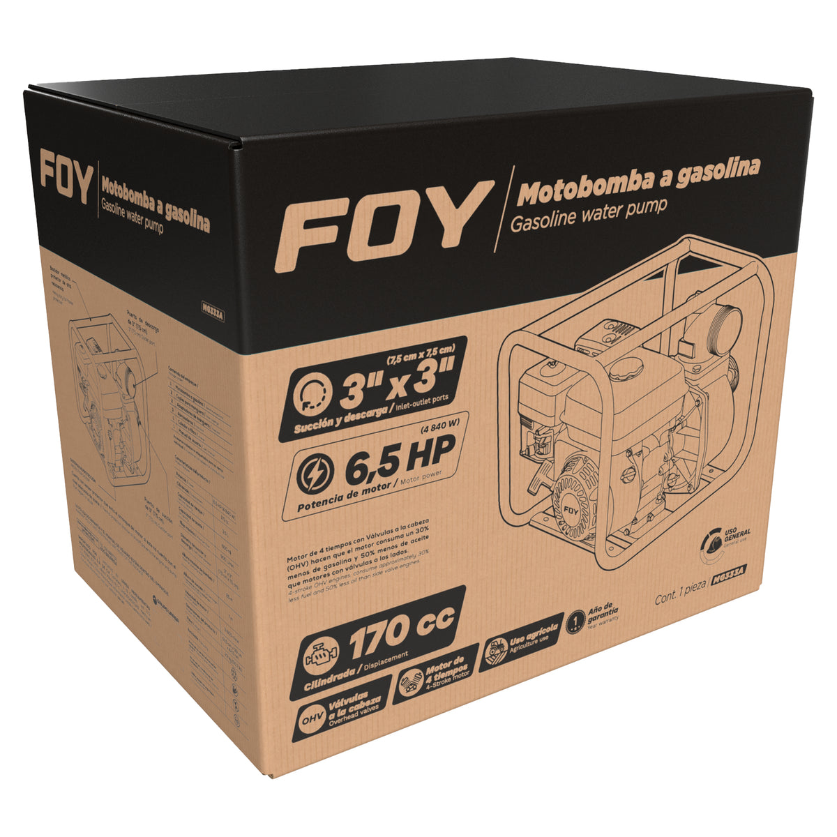 Motobomba a gasolina con diámetro de succión y descarga de 3 x 3", 6.5 HP Foy