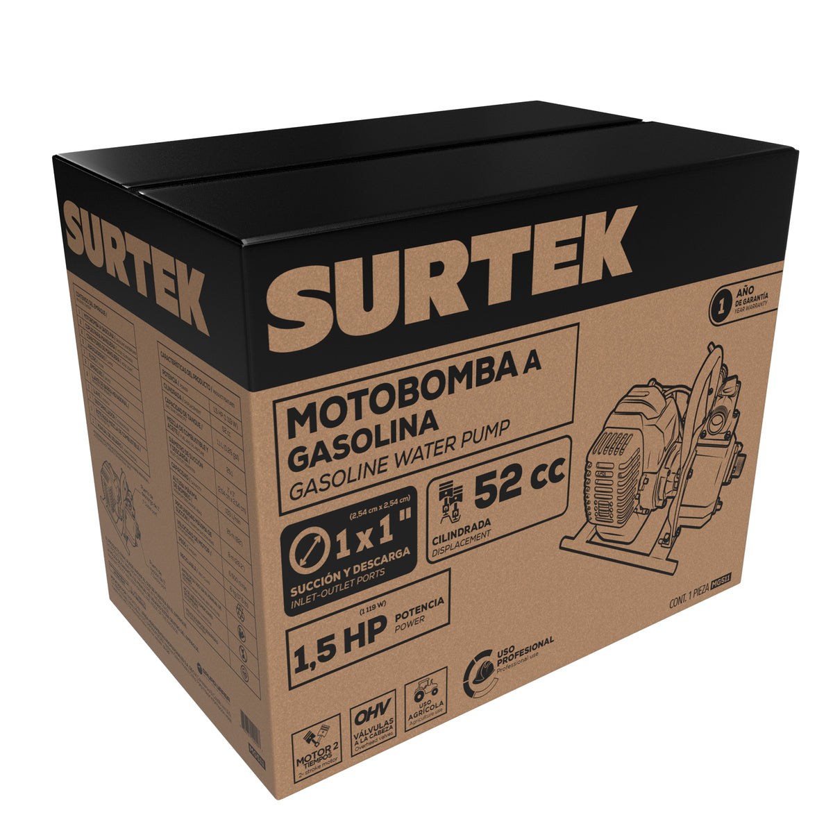 Motobomba a gasolina con diámetro de succión y descarga de 1x1", 1.5 HP Surtek
